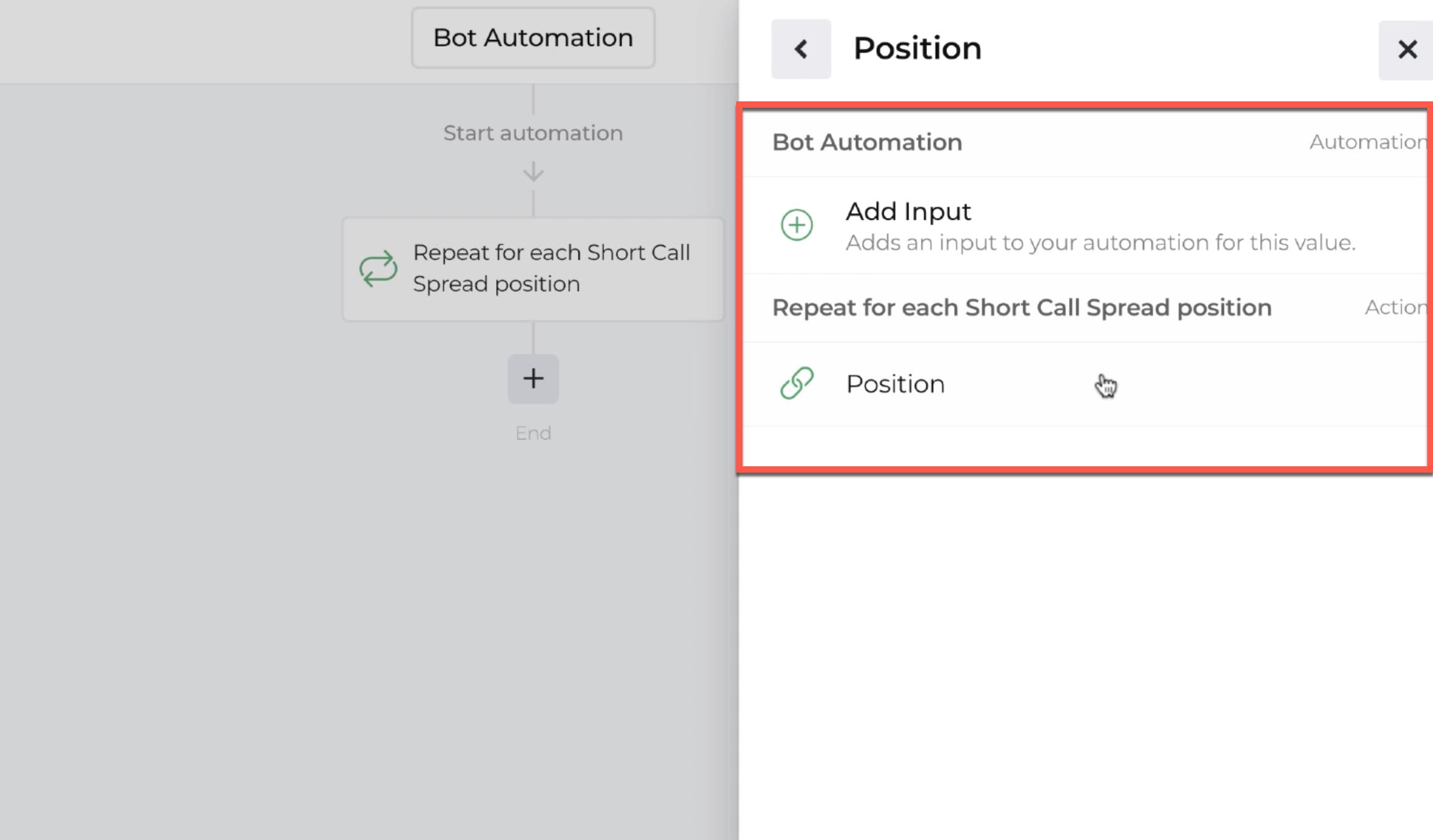 Screenshot of the menu displaying the positions types available when choosing the opening position to link
