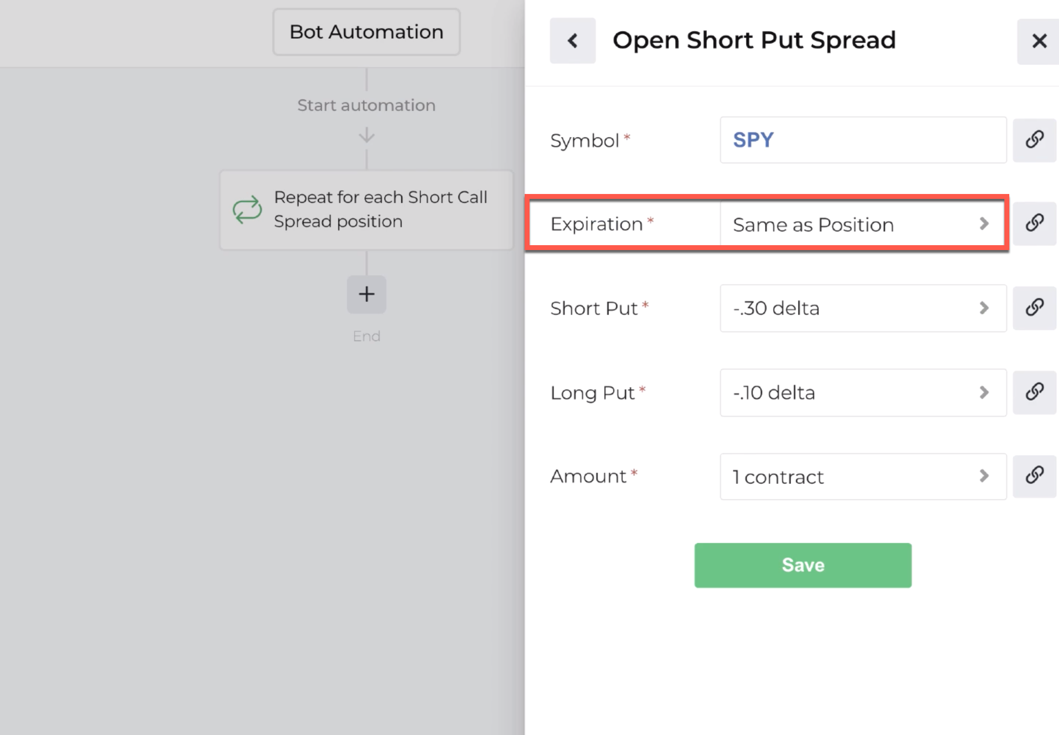 Screenshot highlighting the expiration field displaying same as position