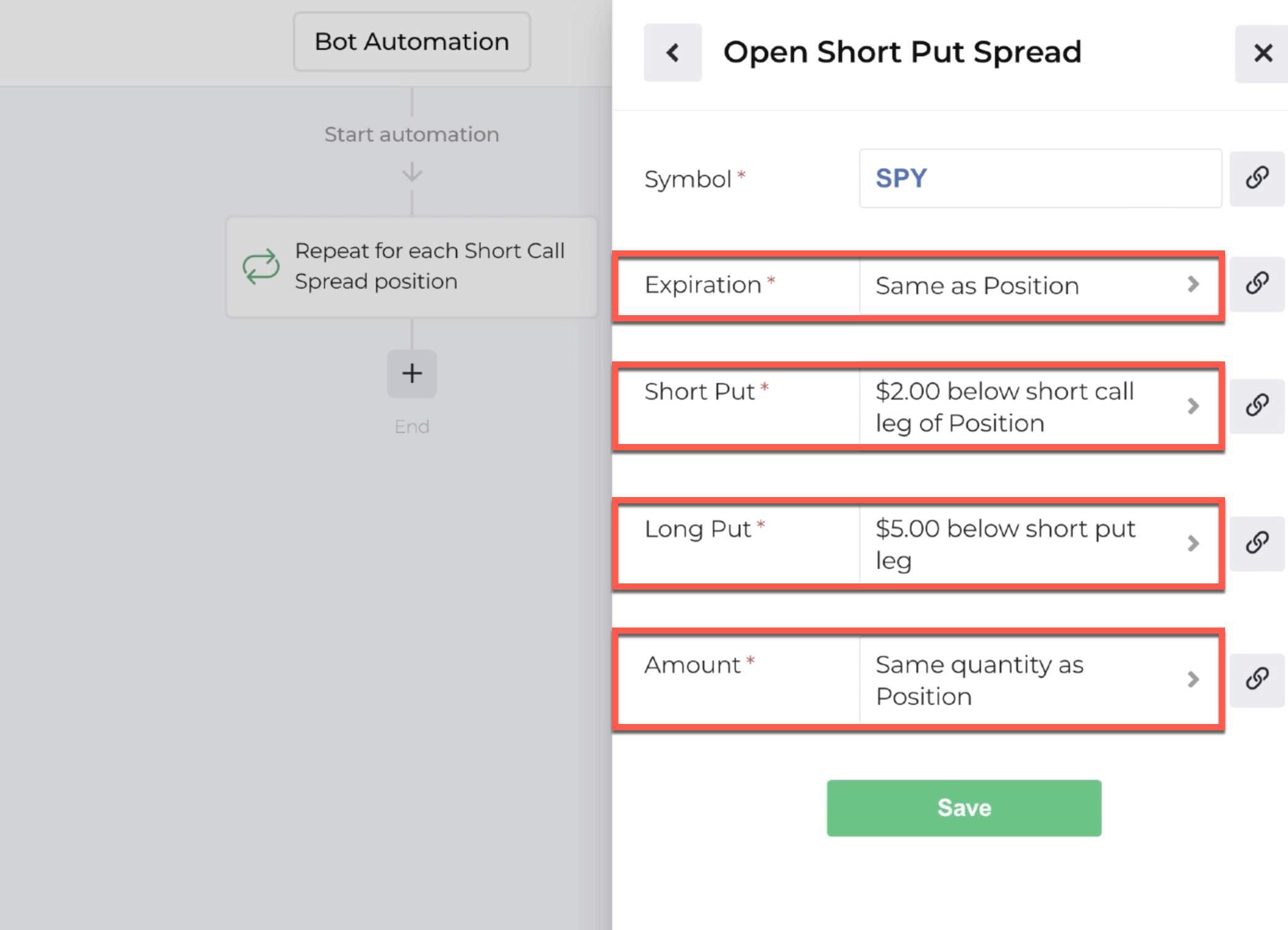 Screenshot dispalying the completed inputs for the open position bot action