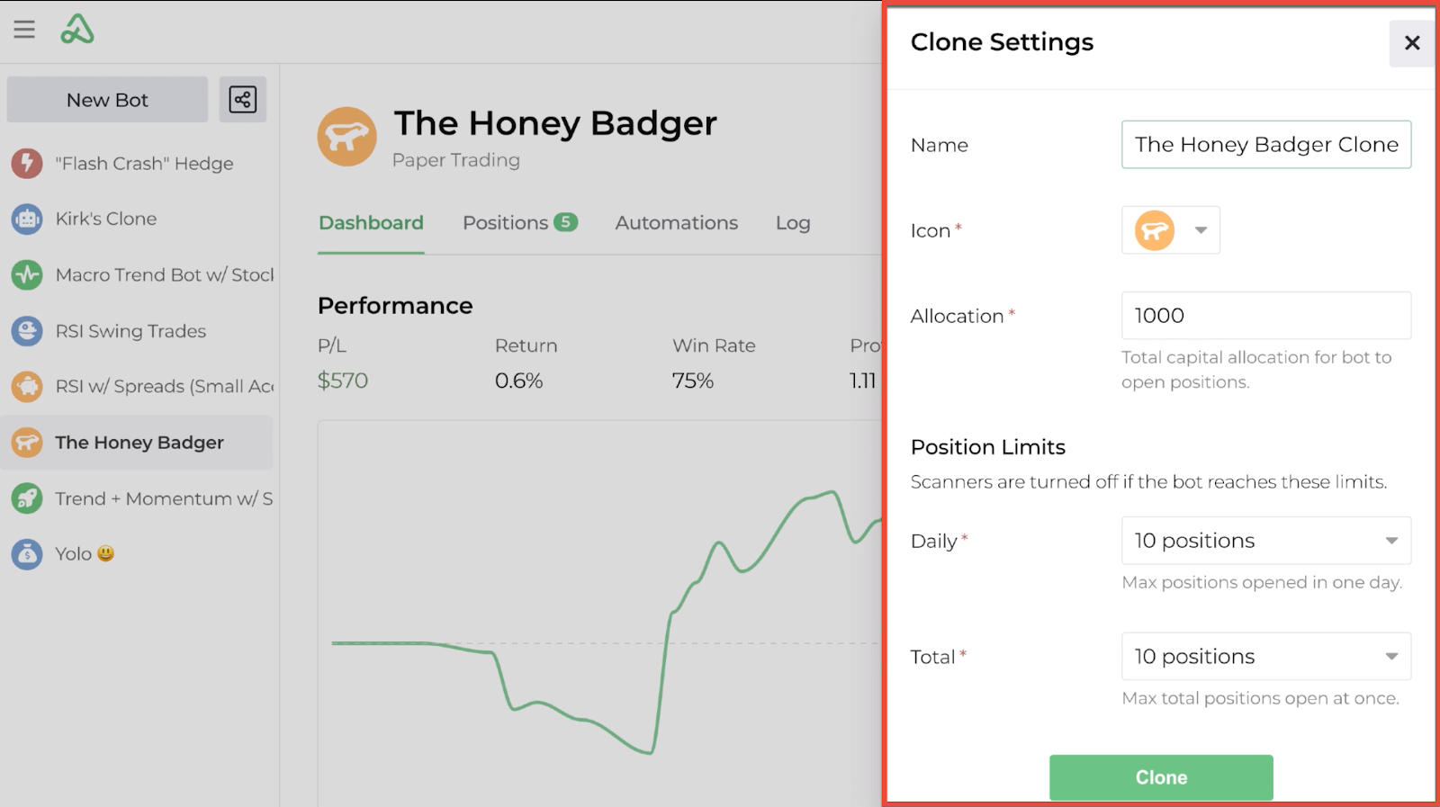 Screenshot highlighting the clone bot settings entry window
