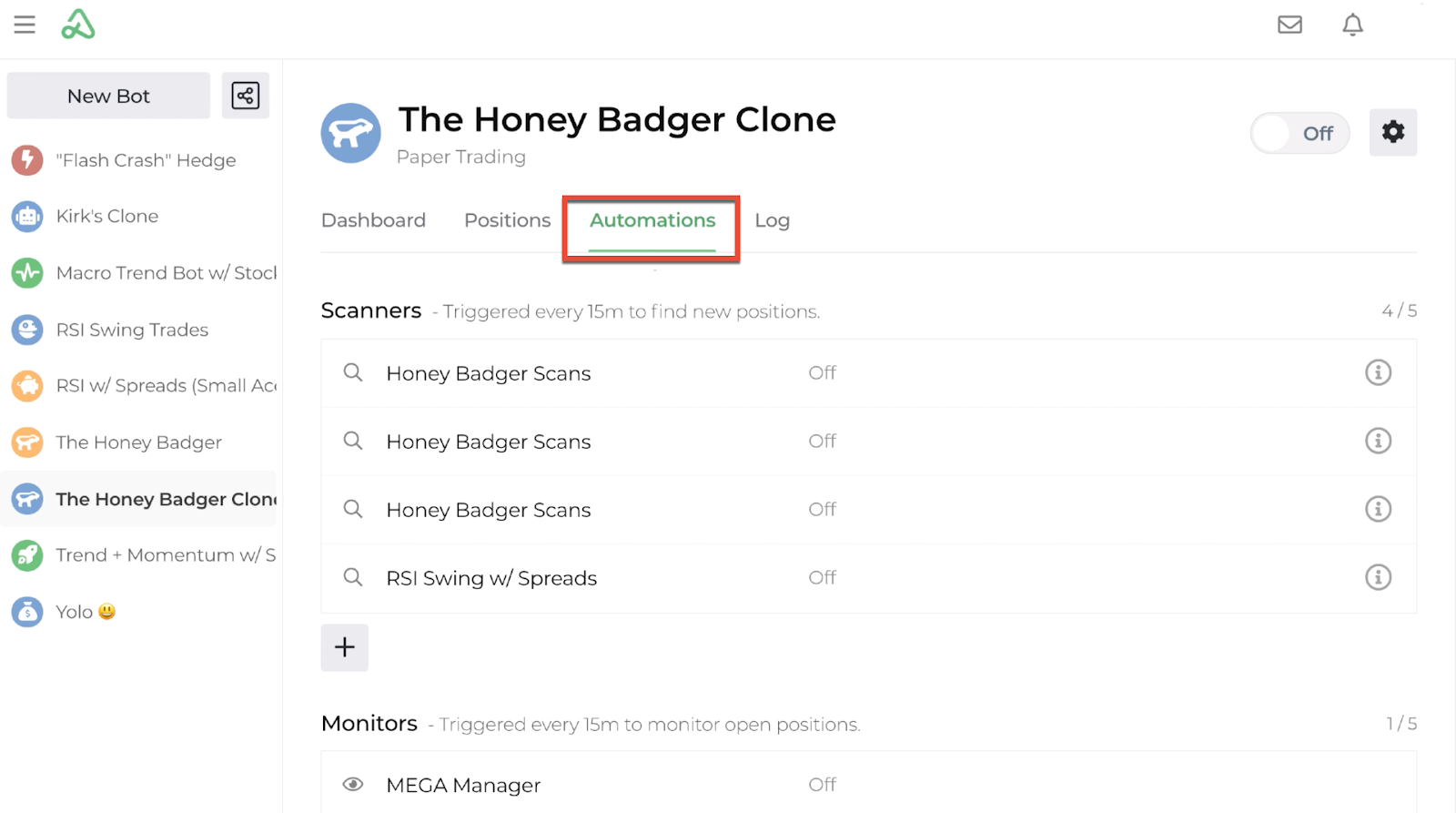 Screenshot of cloned bot's automations listing