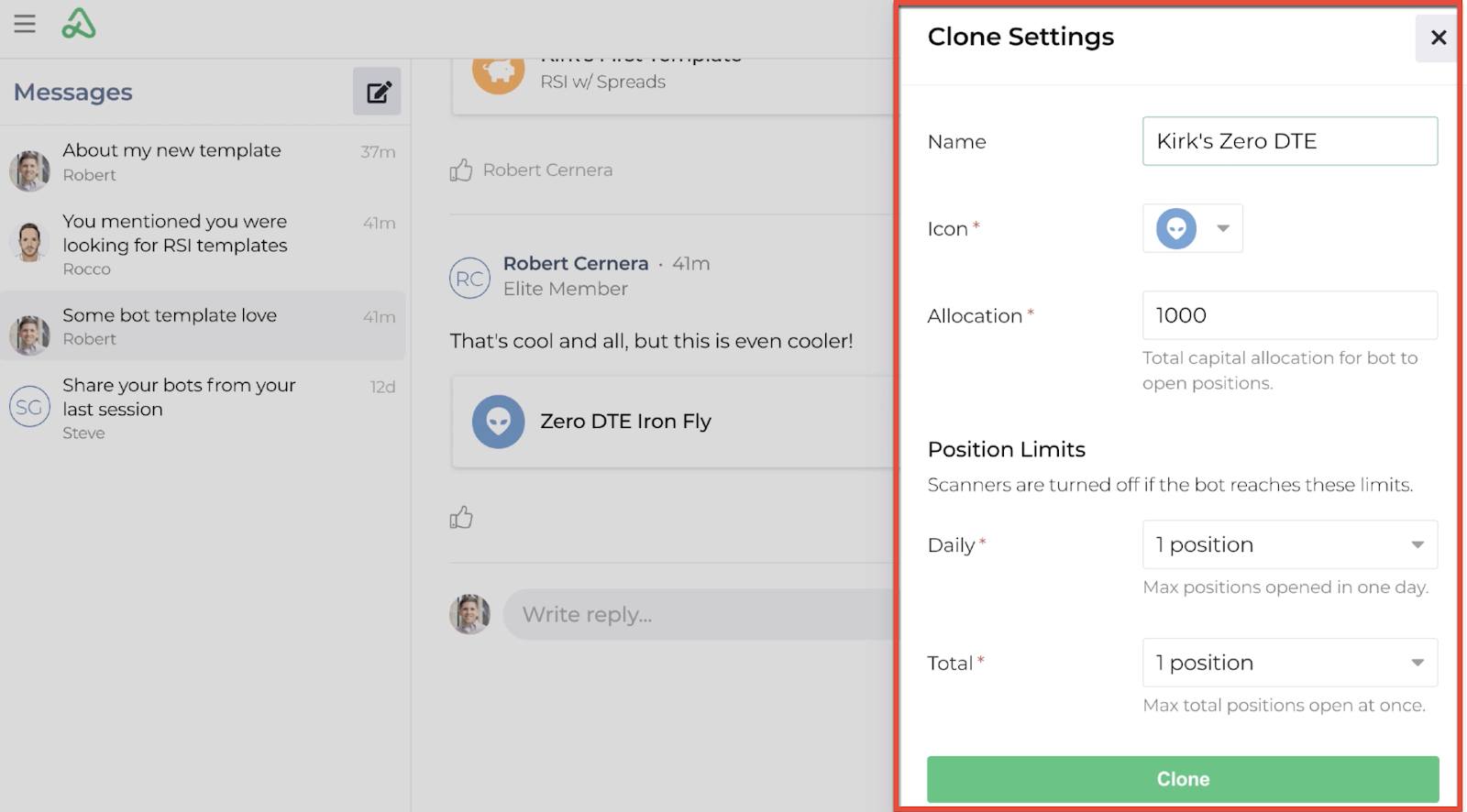 Screenshot highlighting the cloned bot's settings window