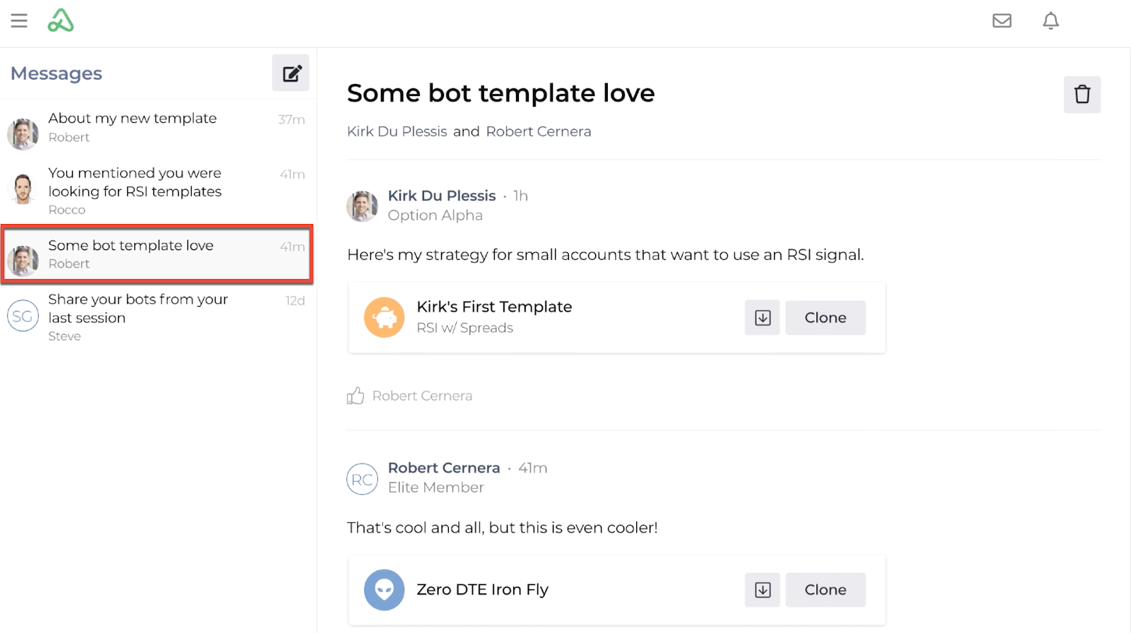 Screenshot highlighting a message with a shared template