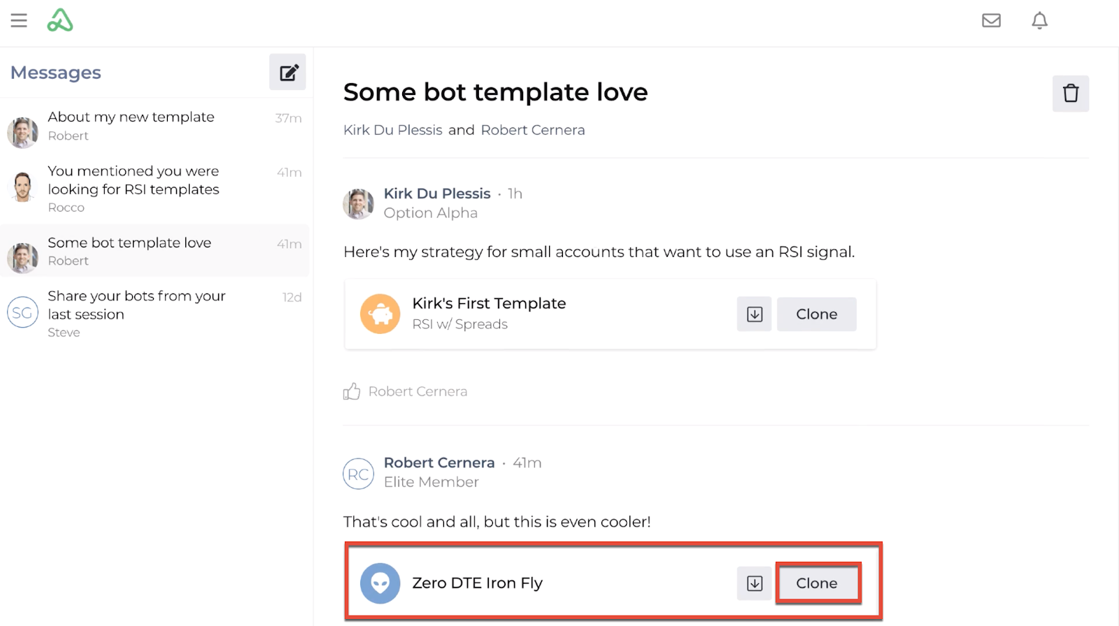 Screenshot highlighting the clone button on a shared template