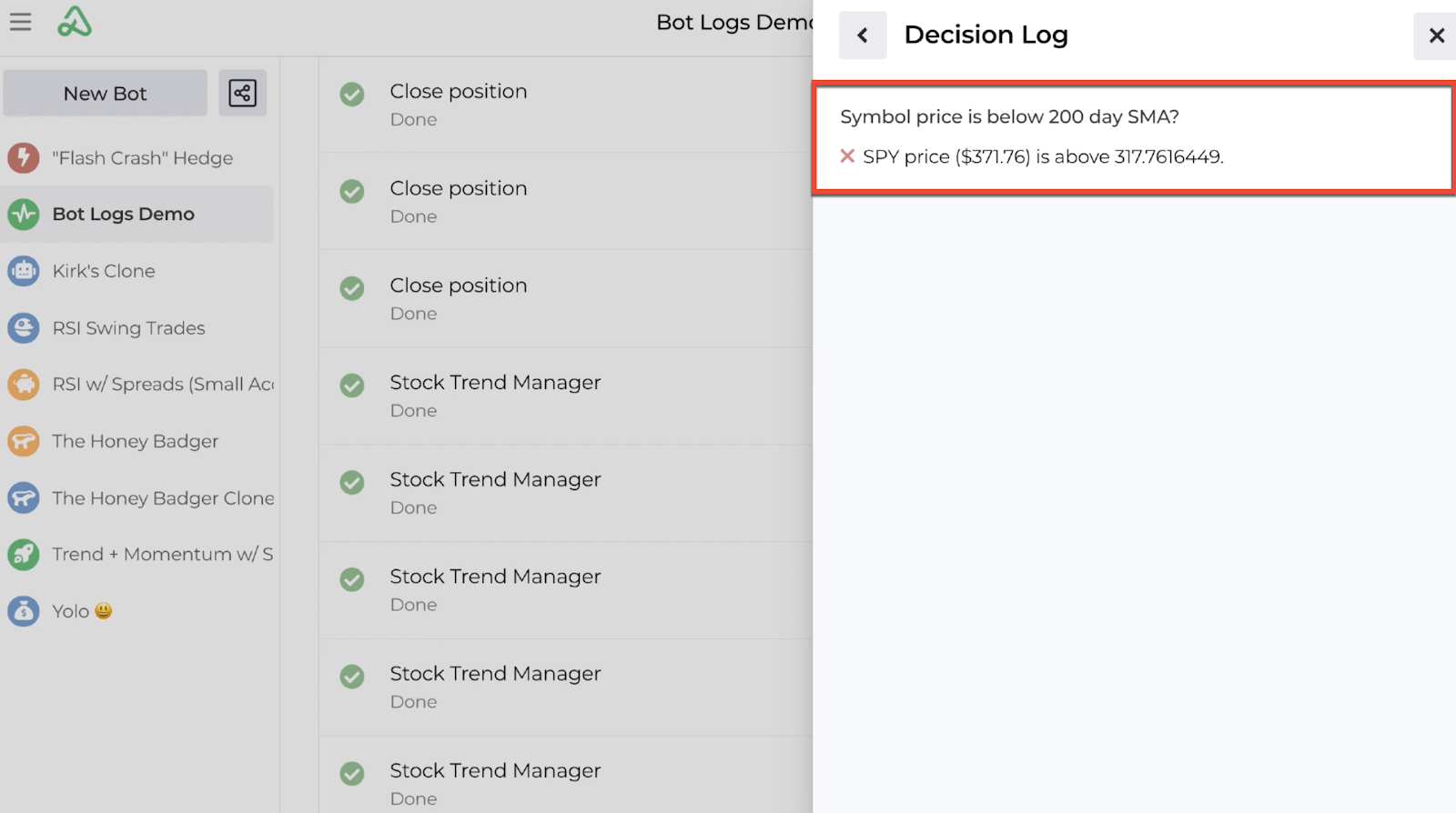Screenshot of a specific decision log for a decision action block