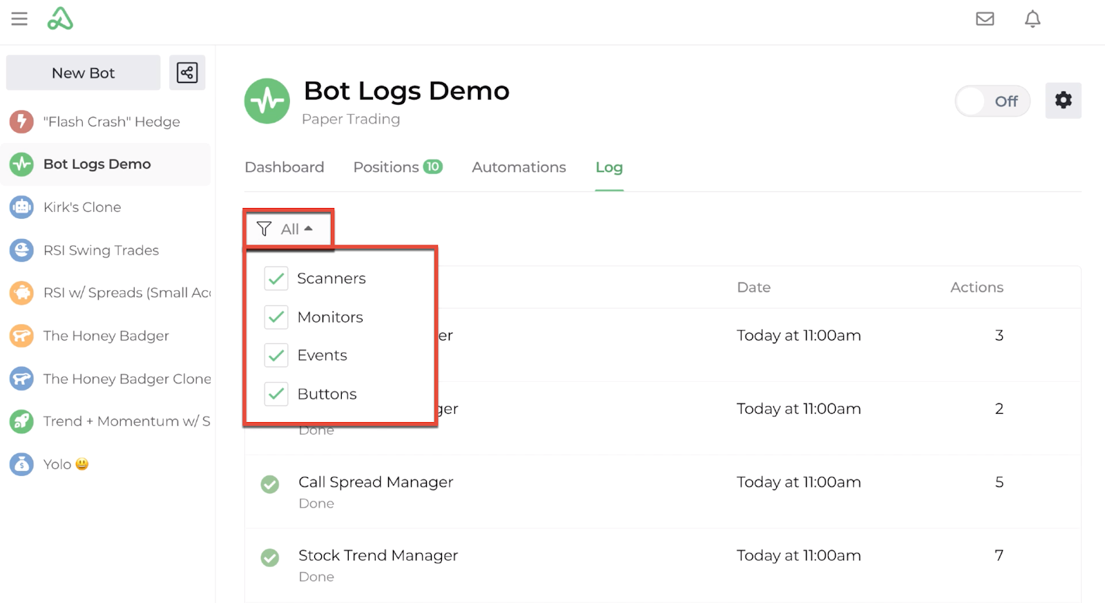 Screenshot of the filter functionality on the bot log