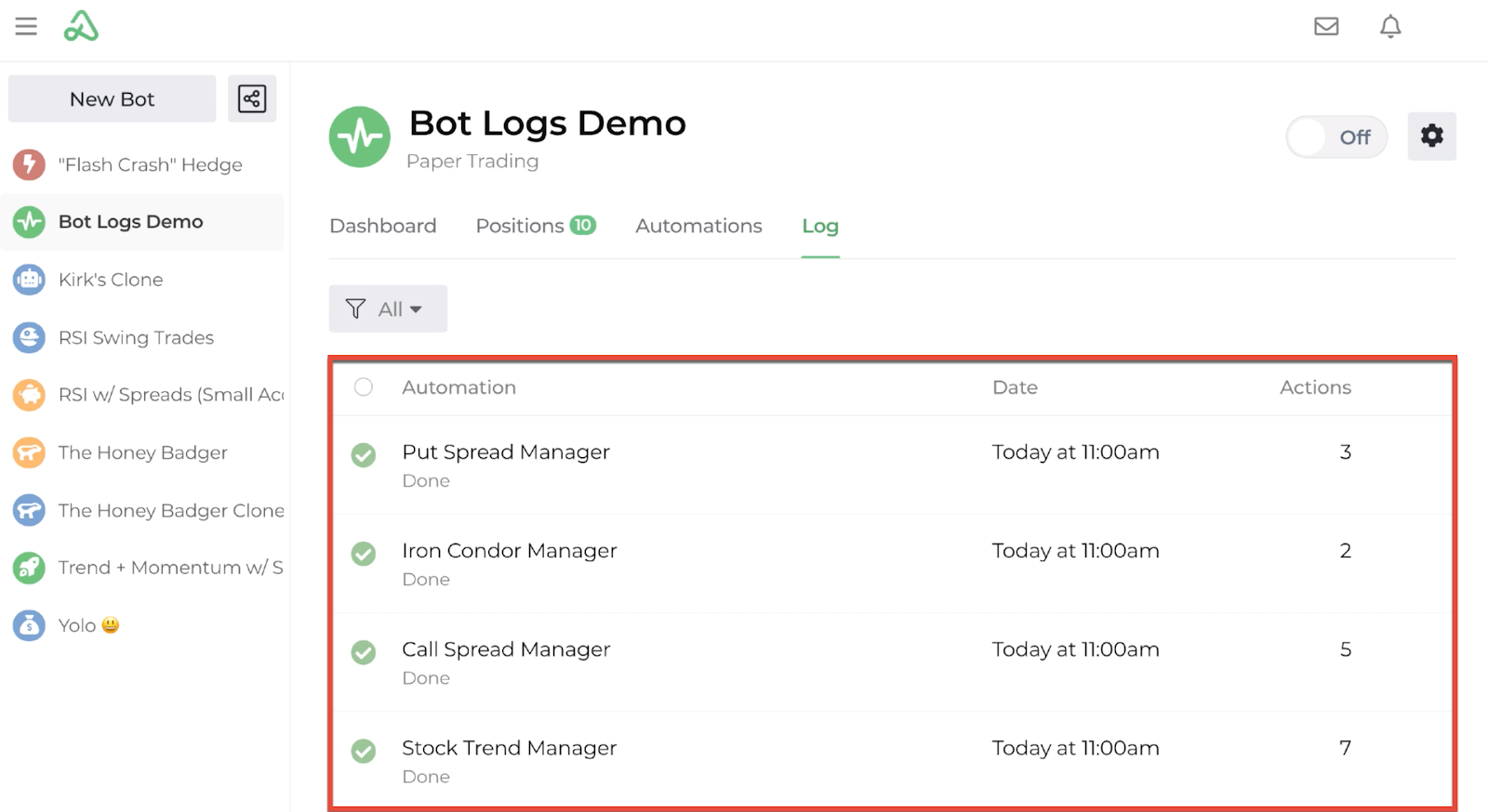 Screenshot of the bot log's main display