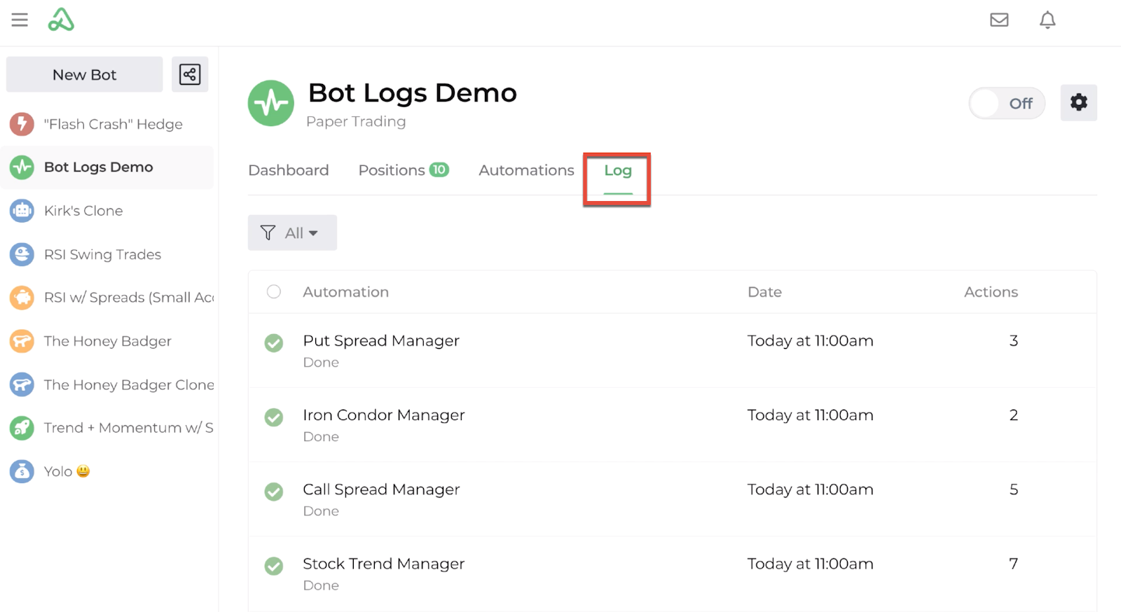 Screenshot highlighting the location of the log tab on the bot dashboard