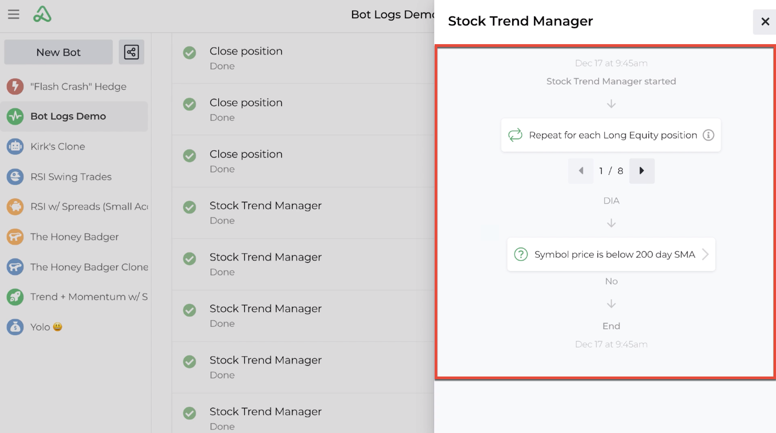 Screenshot highlighting the bot log's decision criteria history
