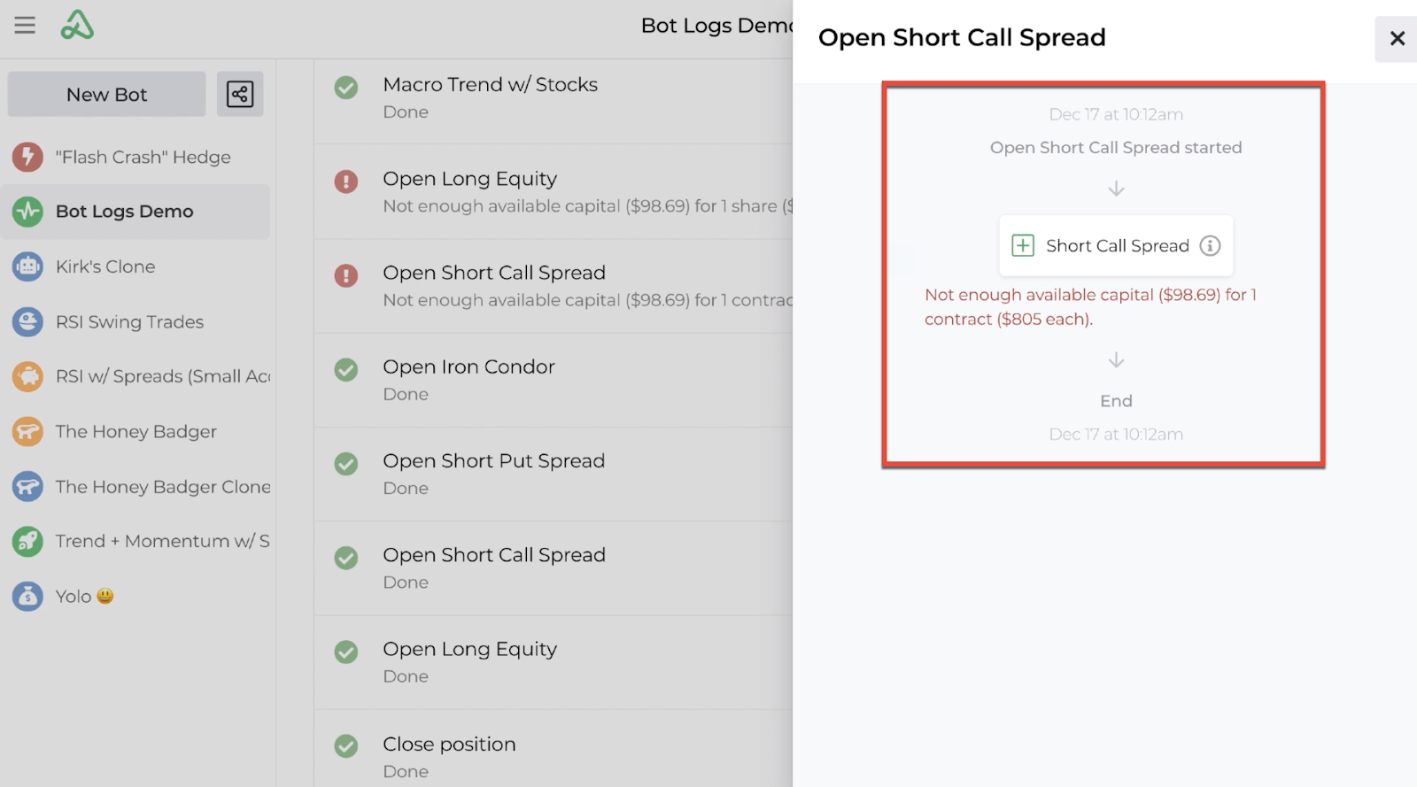 Screenshot highlighting the specific error associated with the error message displayed in the bot log
