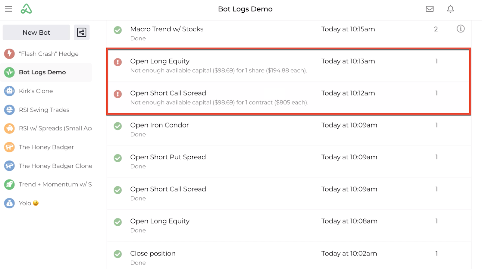 Screenshot highlighting two log entries with error messages