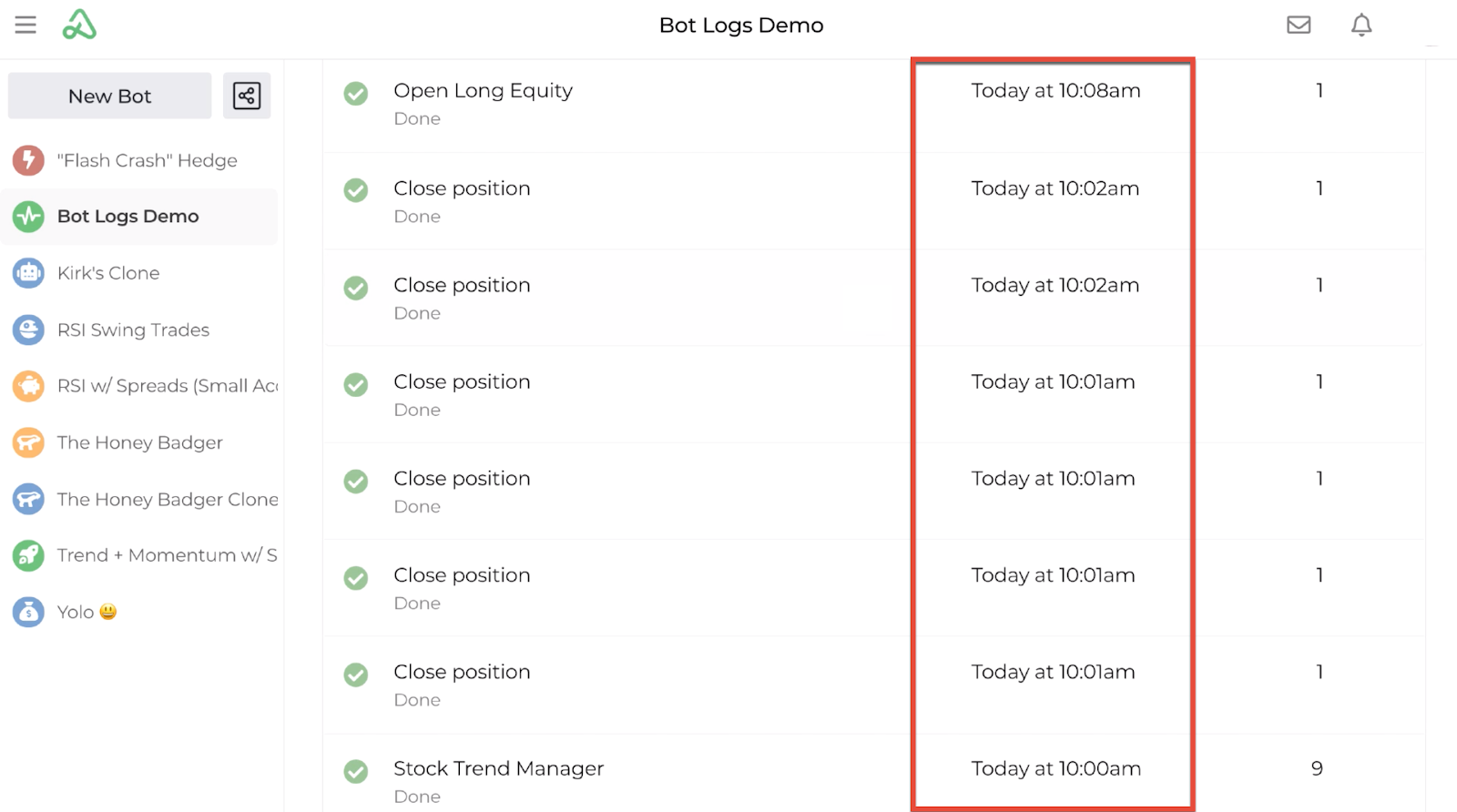 Screenshot highlighting the time stamp for each entry in the bot log