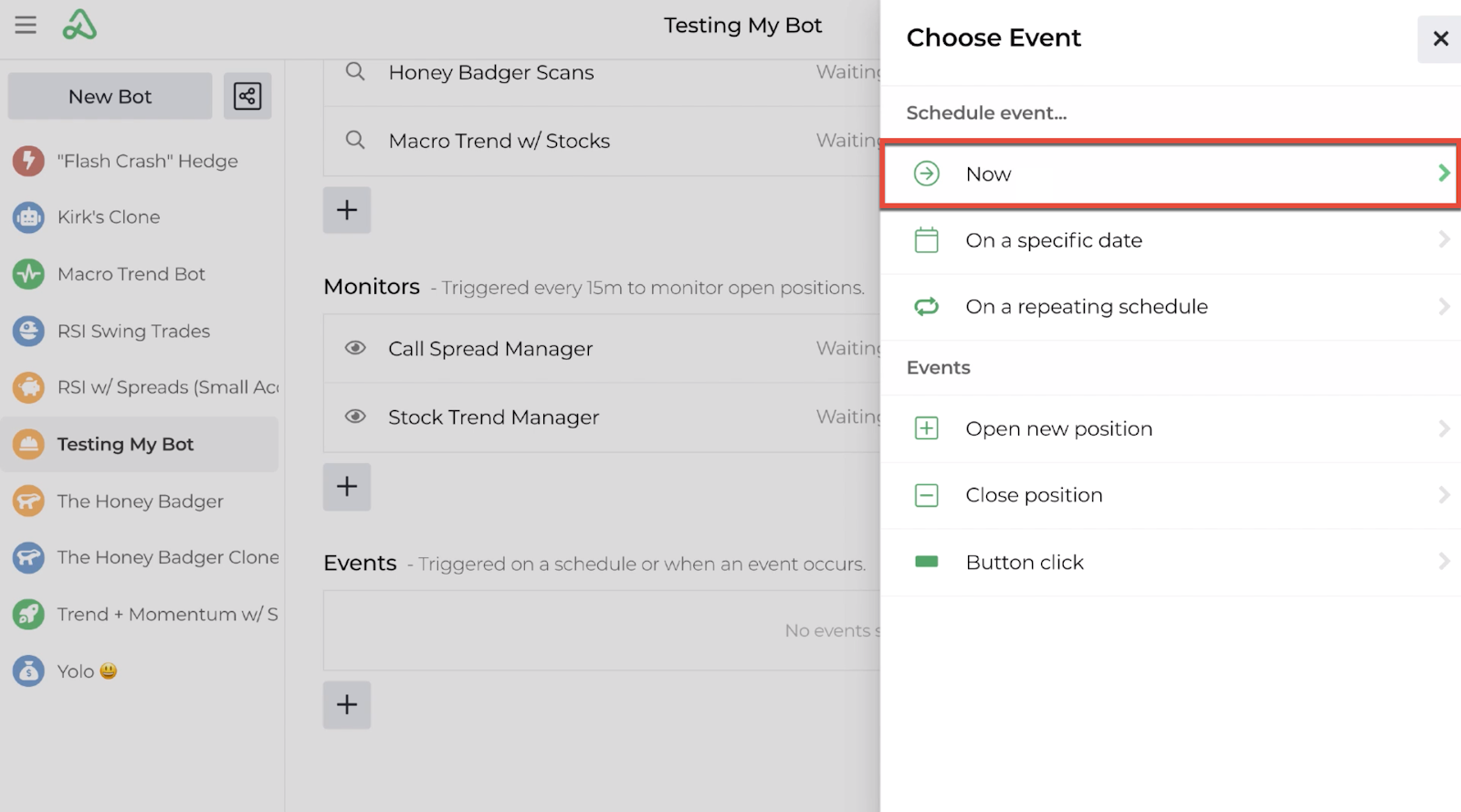 Screenshot of the choose event display with now highlighted