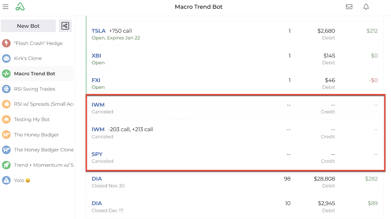 Screenshot highlighting canceled positions on the position statement