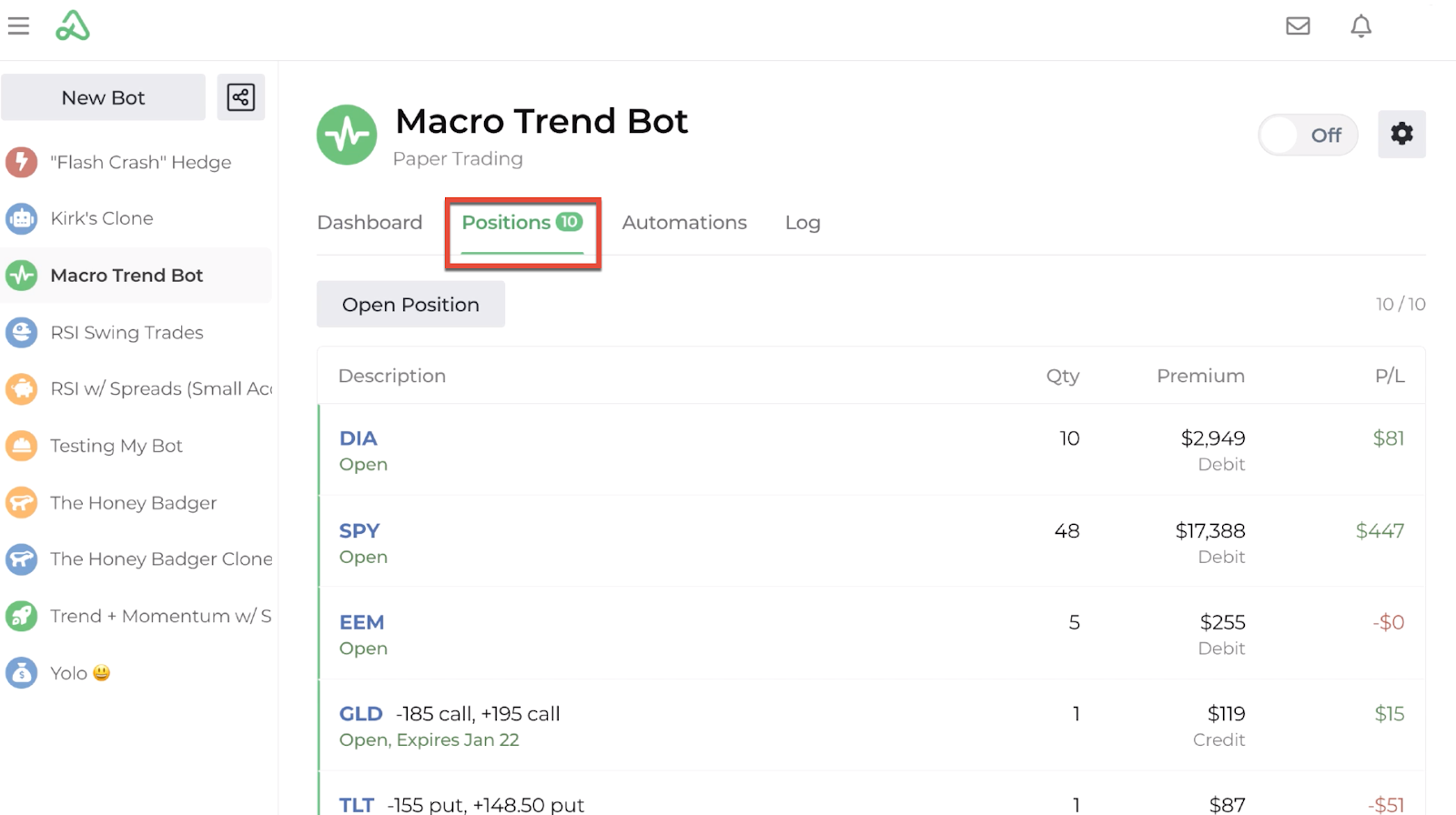 Screenshot of the position statement display