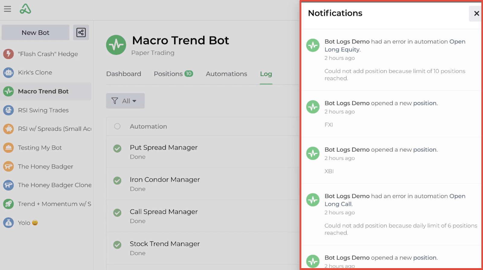 Screenshot of a bot's notification display