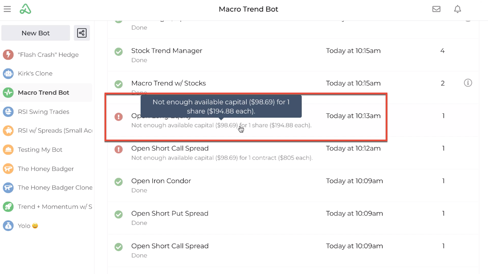 Screenshot highlighting the bot log error message hover detail