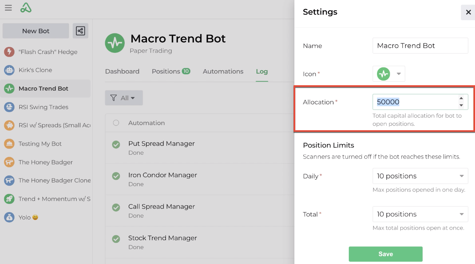 Screenshot of the global settings display with allocation highlighted
