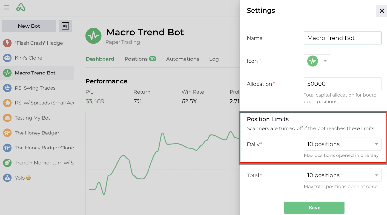 Screenshot highlighting position limits in the global settings display