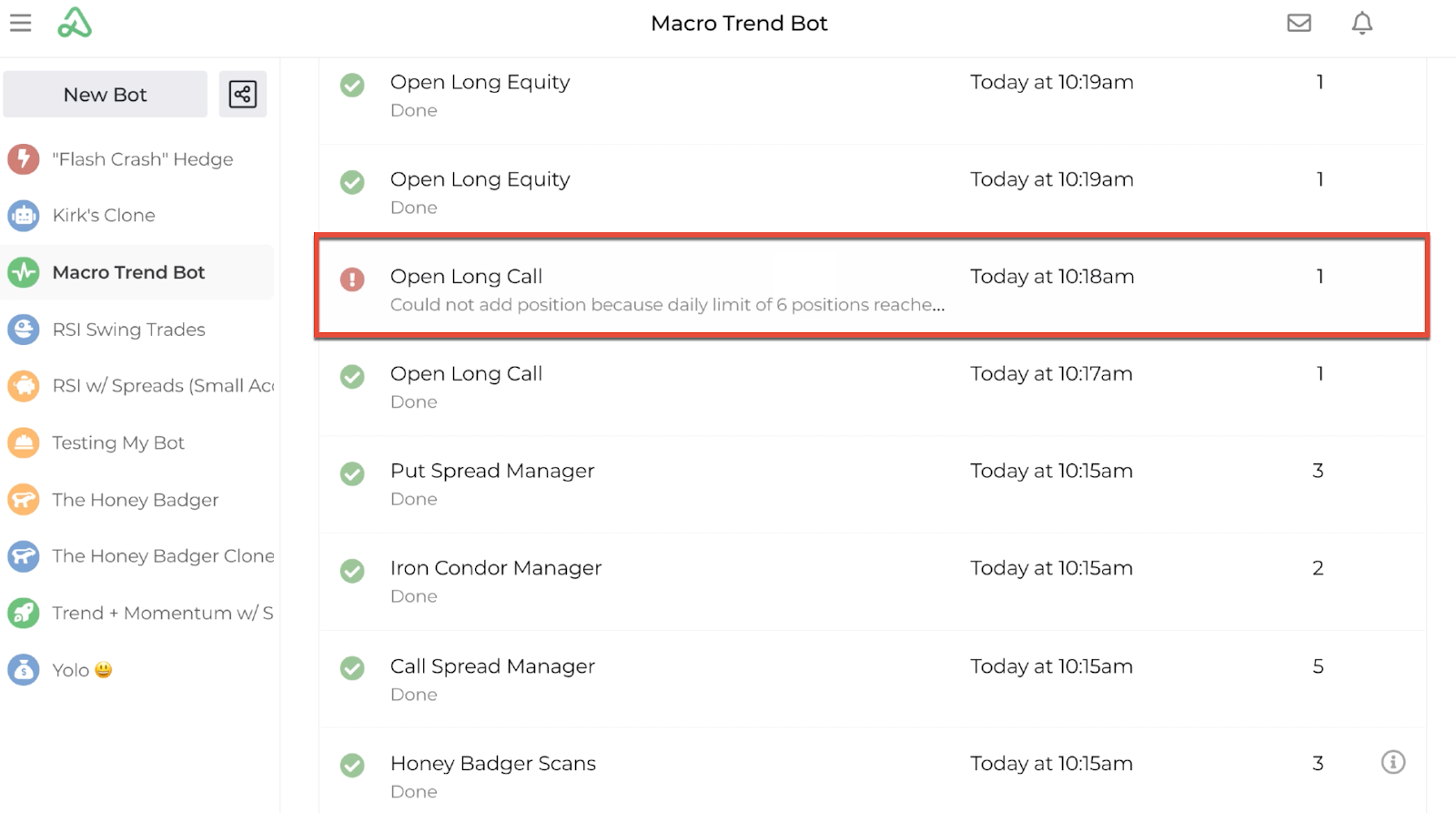 Screenshot highlighting a daily position limit error on the bot log