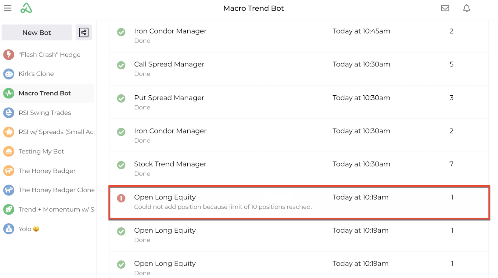 Screenshot highlighting error messages on the bot log