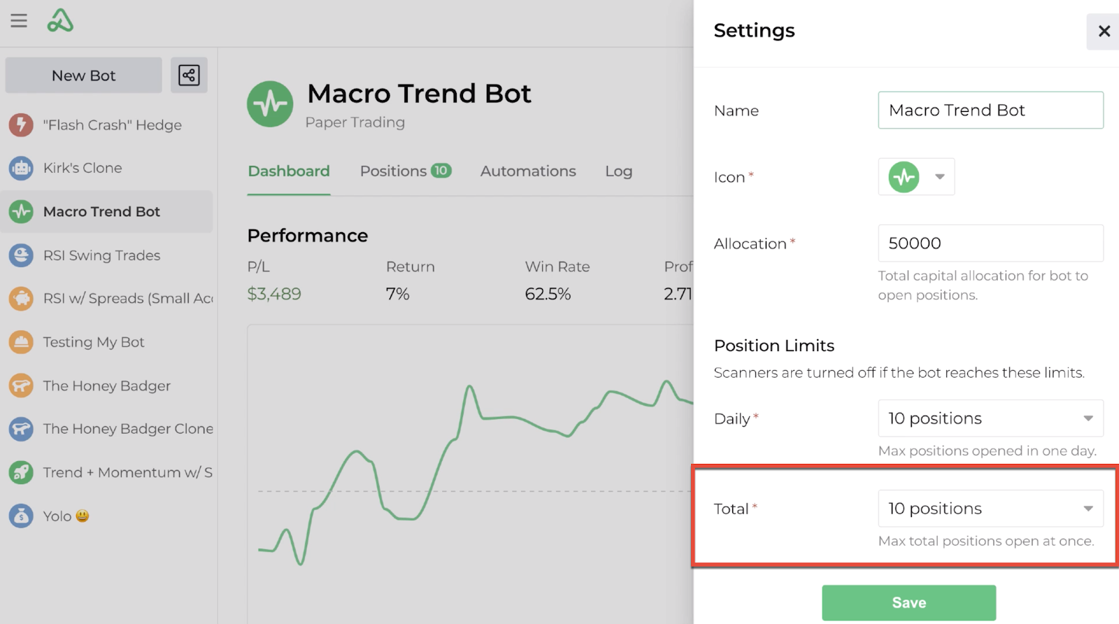 Screenshot highlighting the total position limit global settings