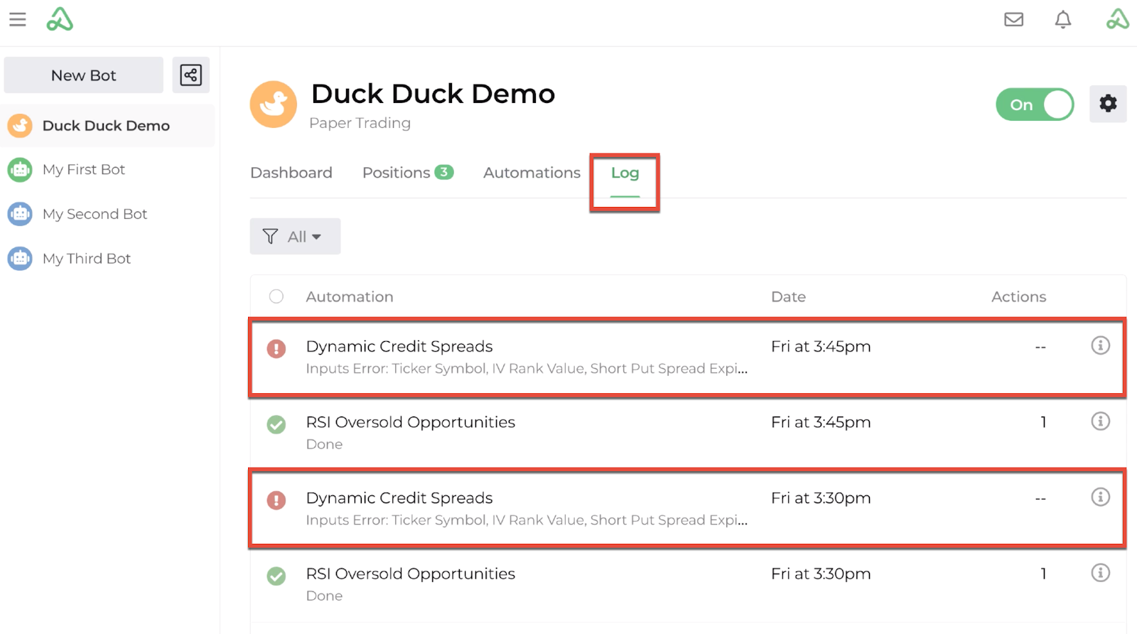 Screenshot highlighting input errors displayed on the bot log