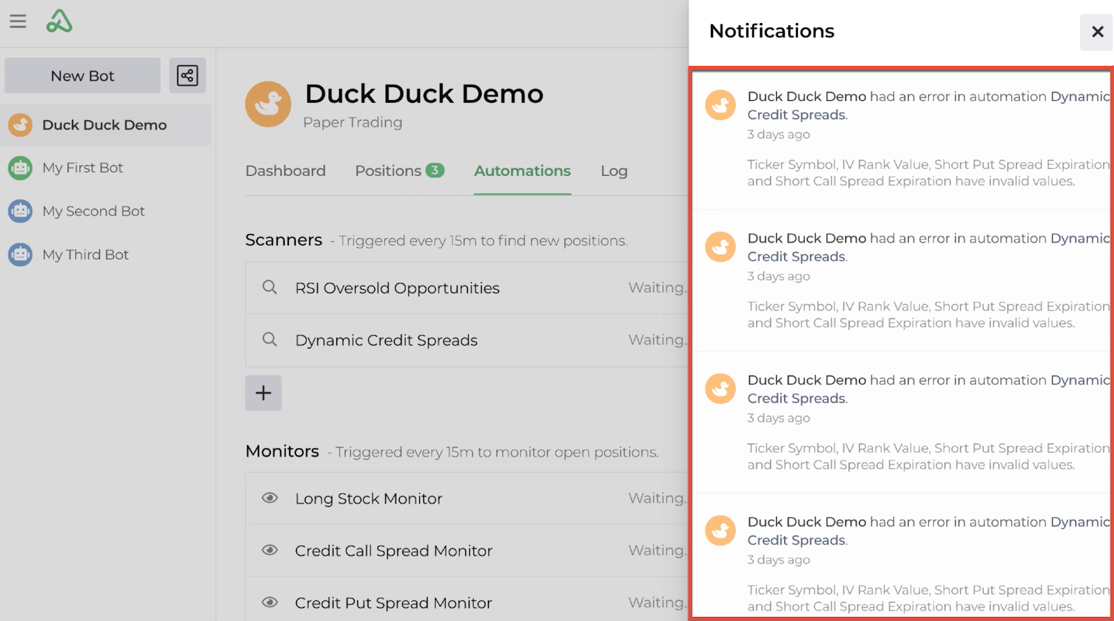 Screenshot of the notification display of bot activity