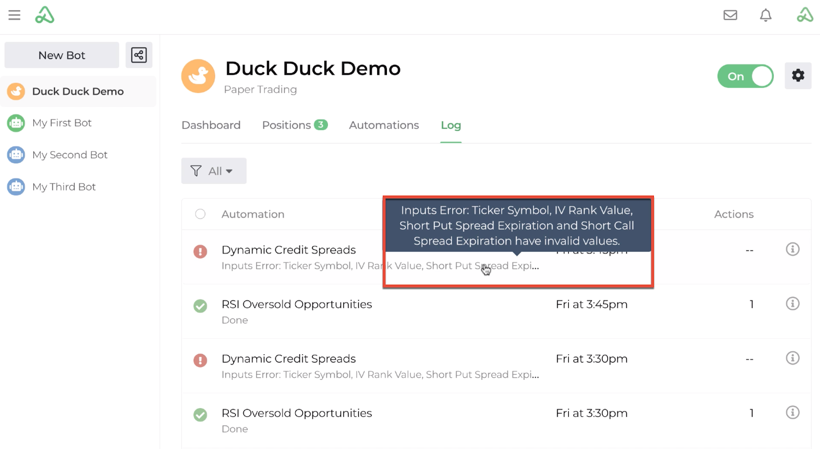Screenshot highlighting the hover display message on the bot log