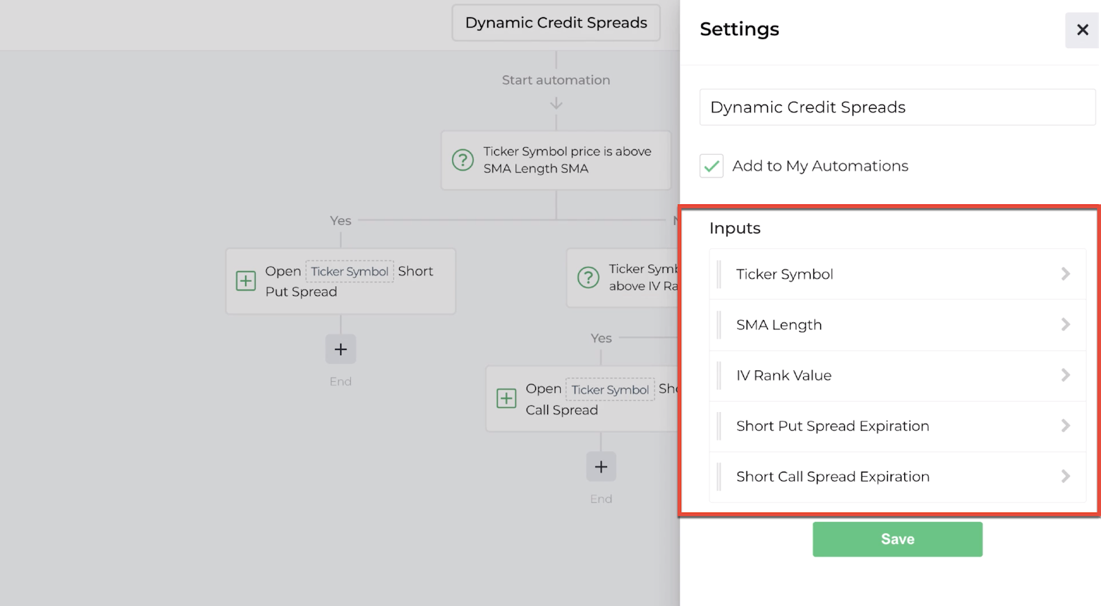 Screenshot highlighting the list of inputs in the automation
