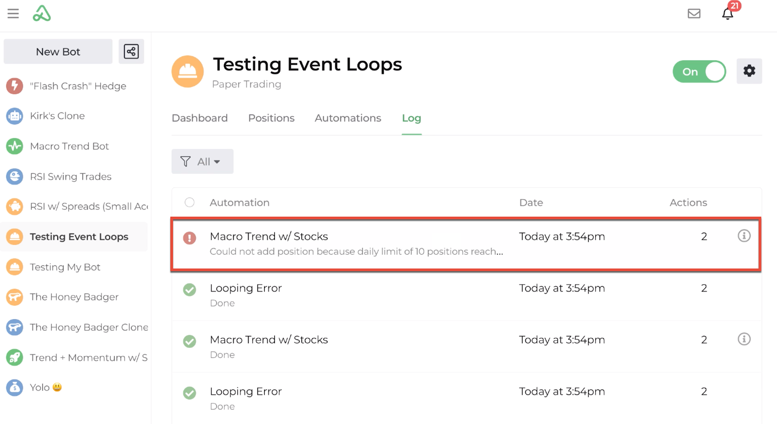 Screenshot highlighting a daily position limit error displayed on the bot log