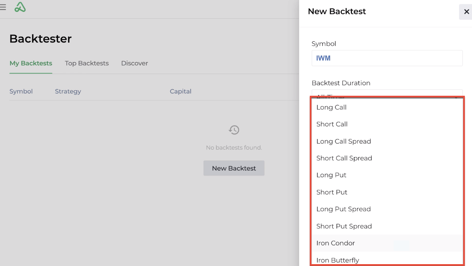 Screenshot highlighting the strategy options available for a new backtest
