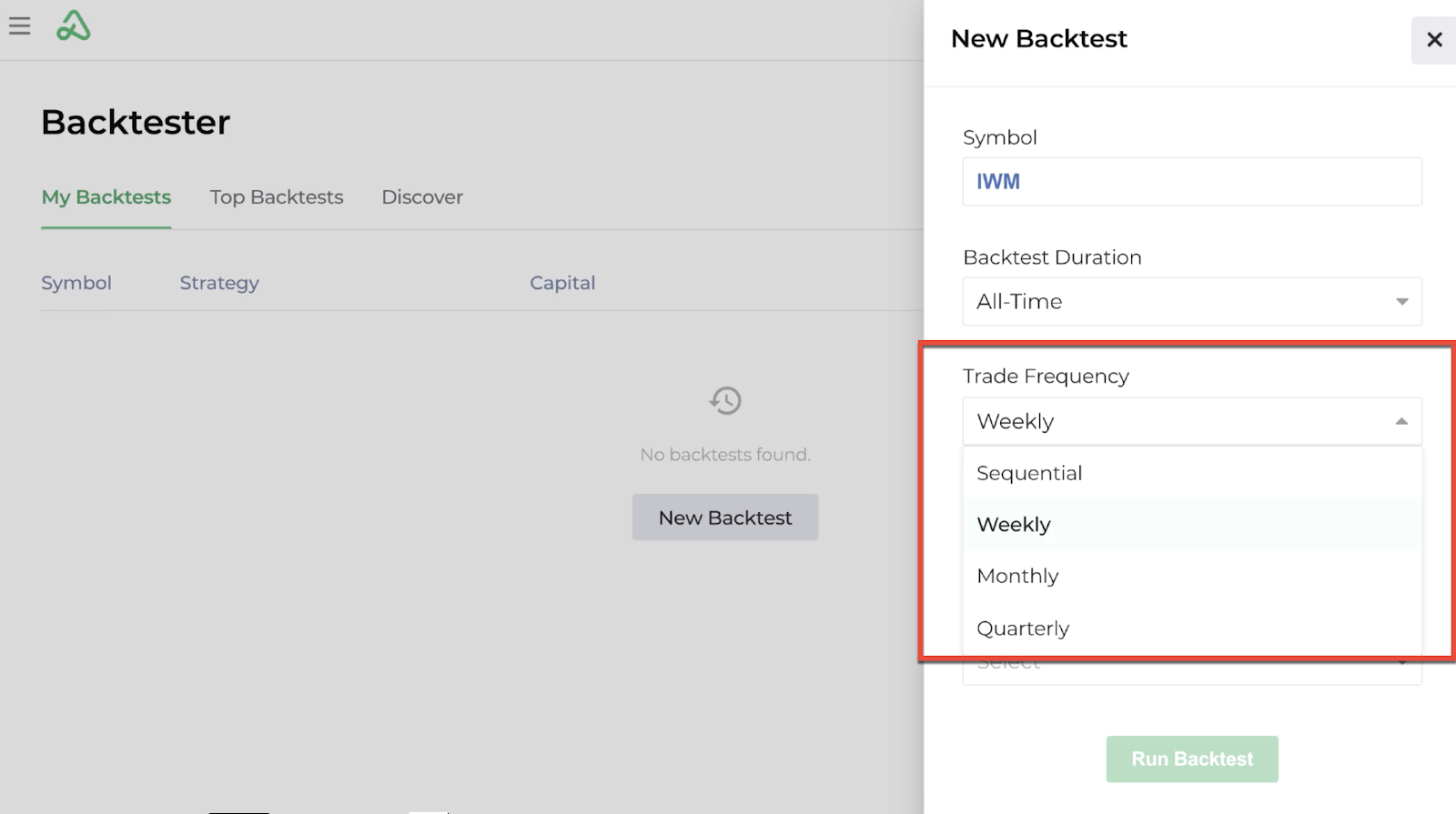 Screenshot highlighting the trade frequency options available for a new backtest