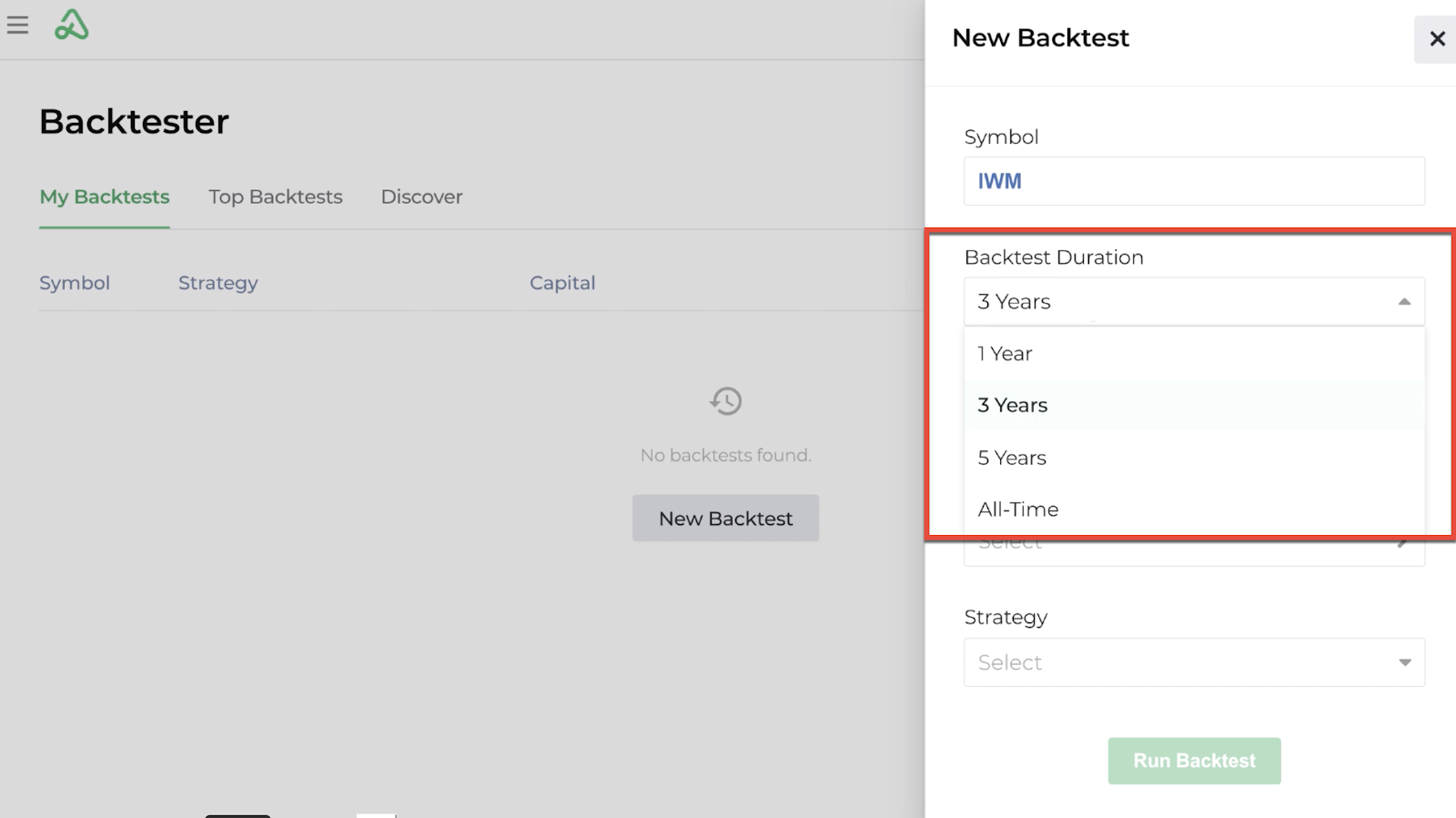 Screenshot highlighting the backtest duration options available for a new backtest