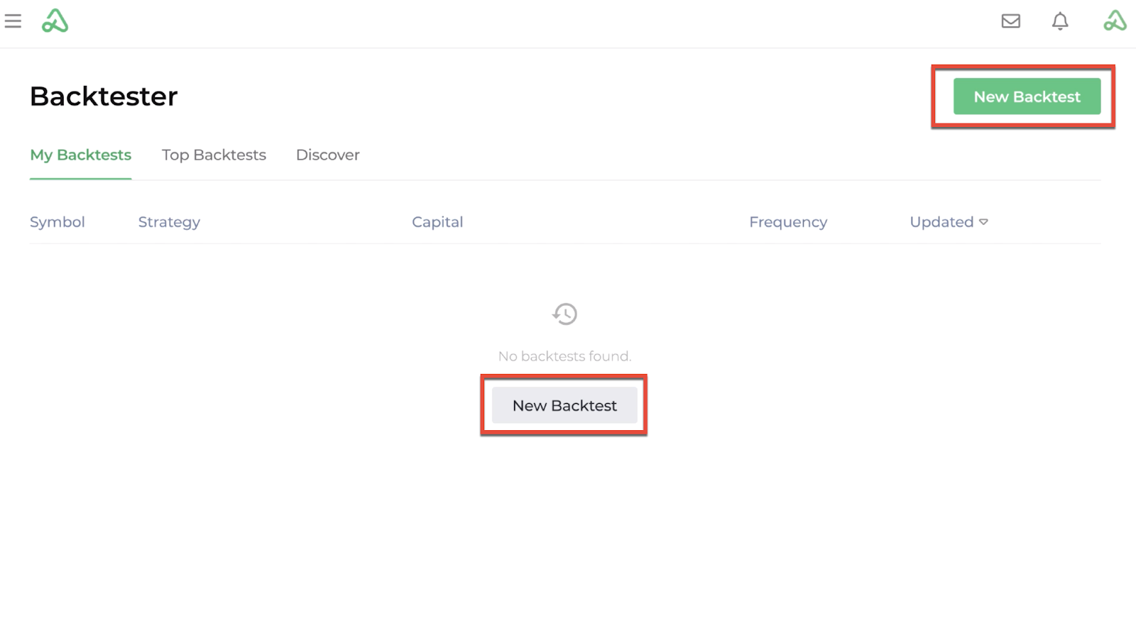 Screenshot of the backtester homepage with new backtest highlighted