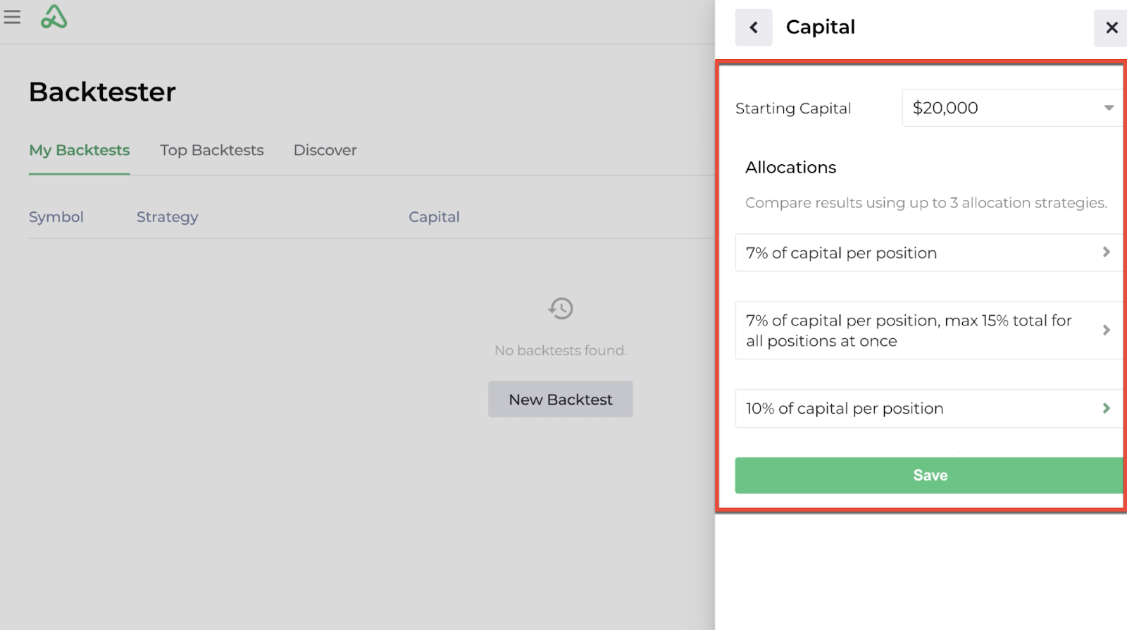 Screenshot highlighting the capital allocation options available for a new backtest