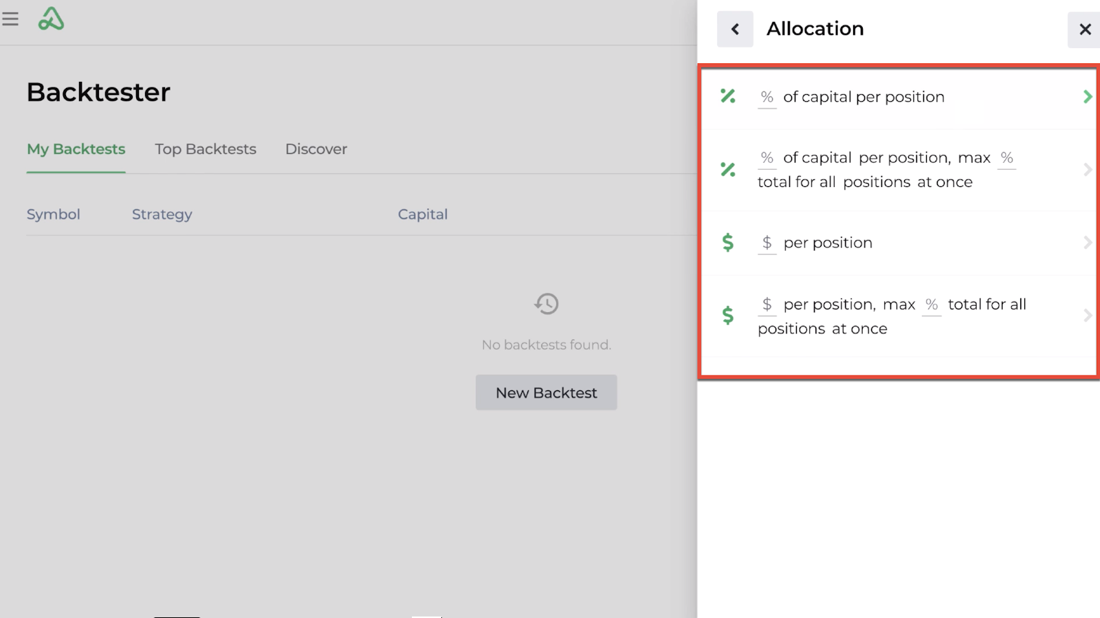 Screenshot highlighting the four capital allocation options available with a new backtest