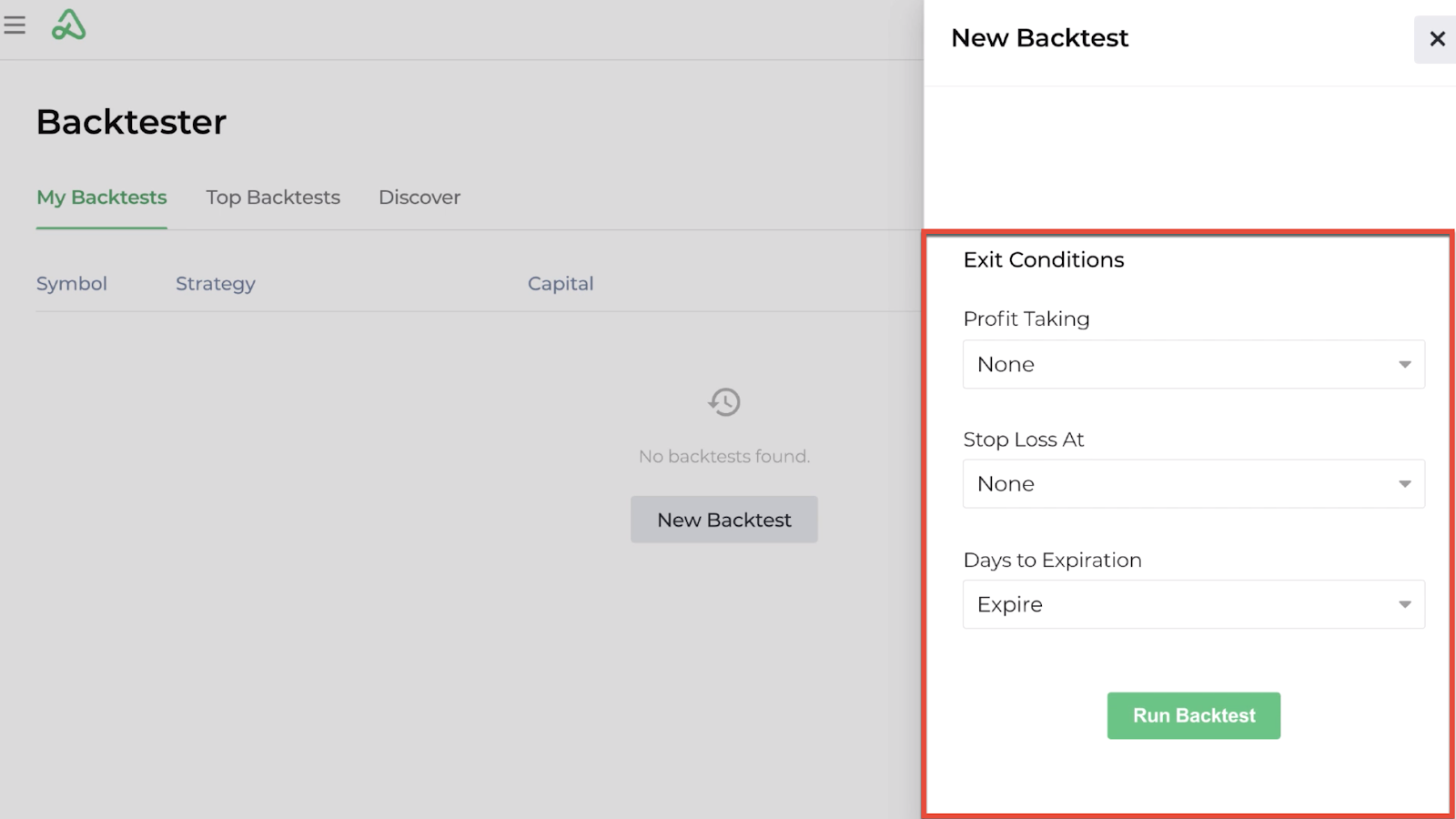 Screenshot highlighting the profit-taking, stop-loss, and days to expiration exit conditions for a new backtest