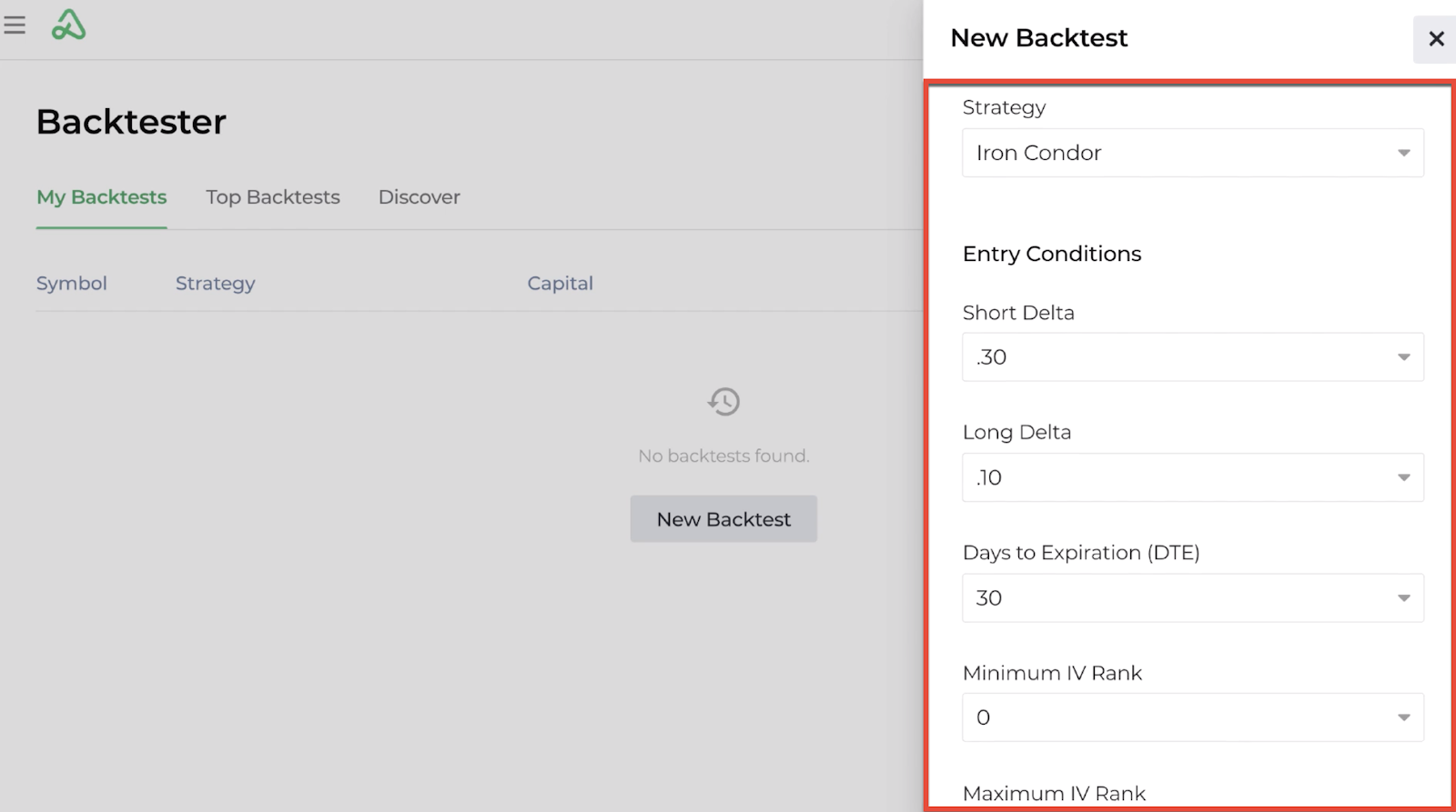 Screenshot highlighting the delta, days to expiration, and IV rank entry conditions for a new backtest