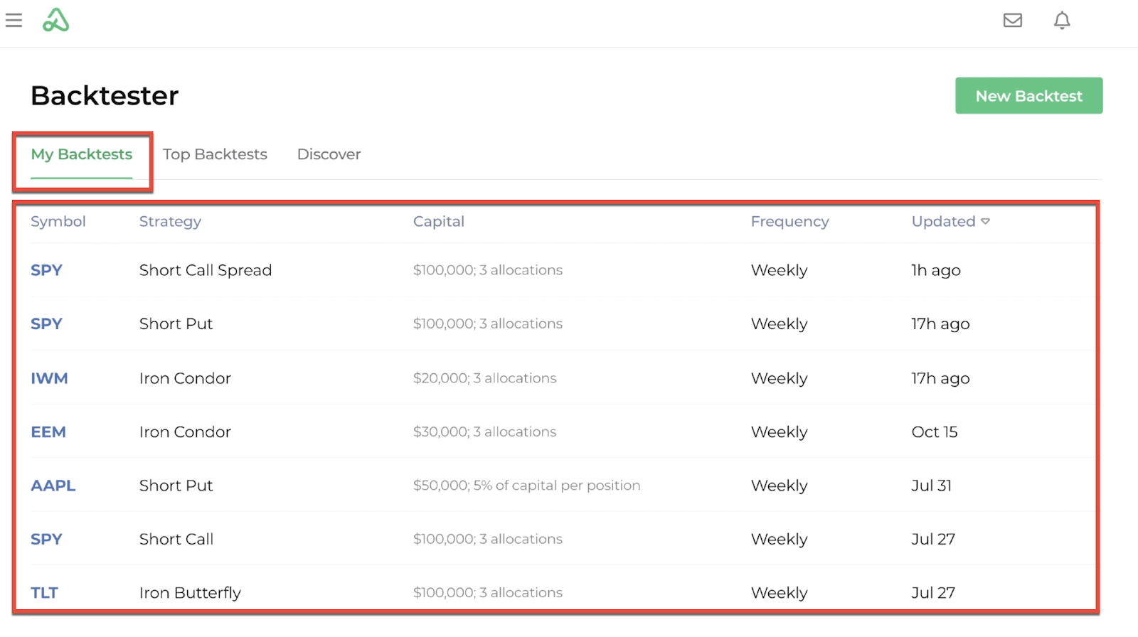 Screenshot of the backtester homepage wit my backtests highlighted