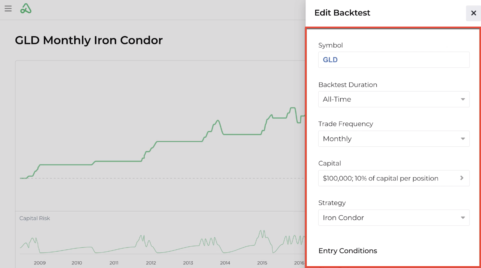 Screenshot of the edit backtest input display