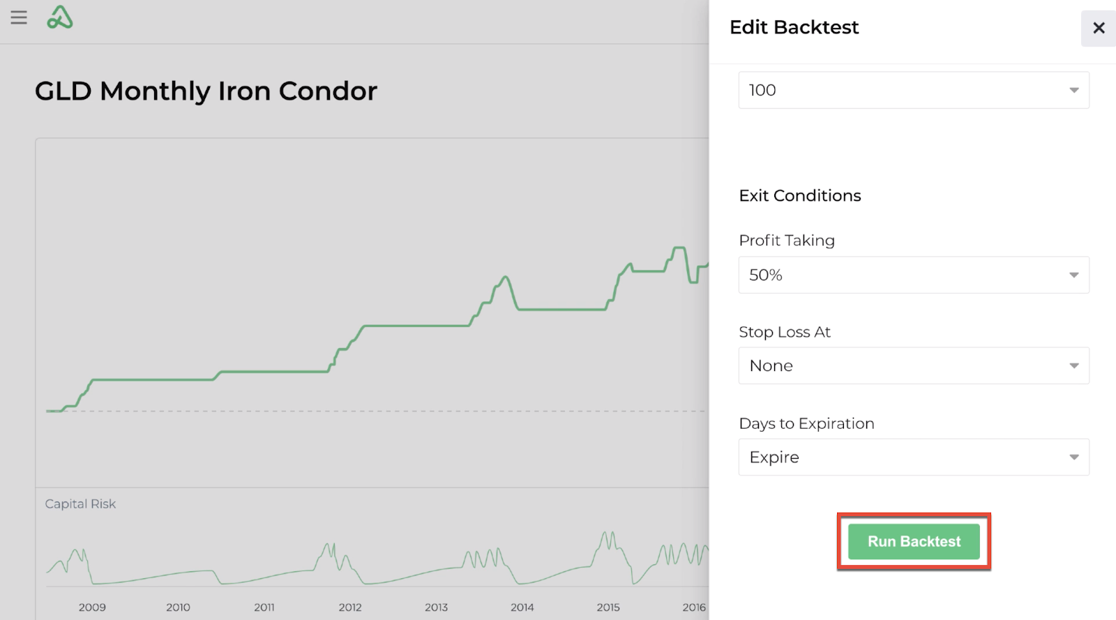 Screenshot highlighting the run backtest button to re-run the backtest with the edited inputs