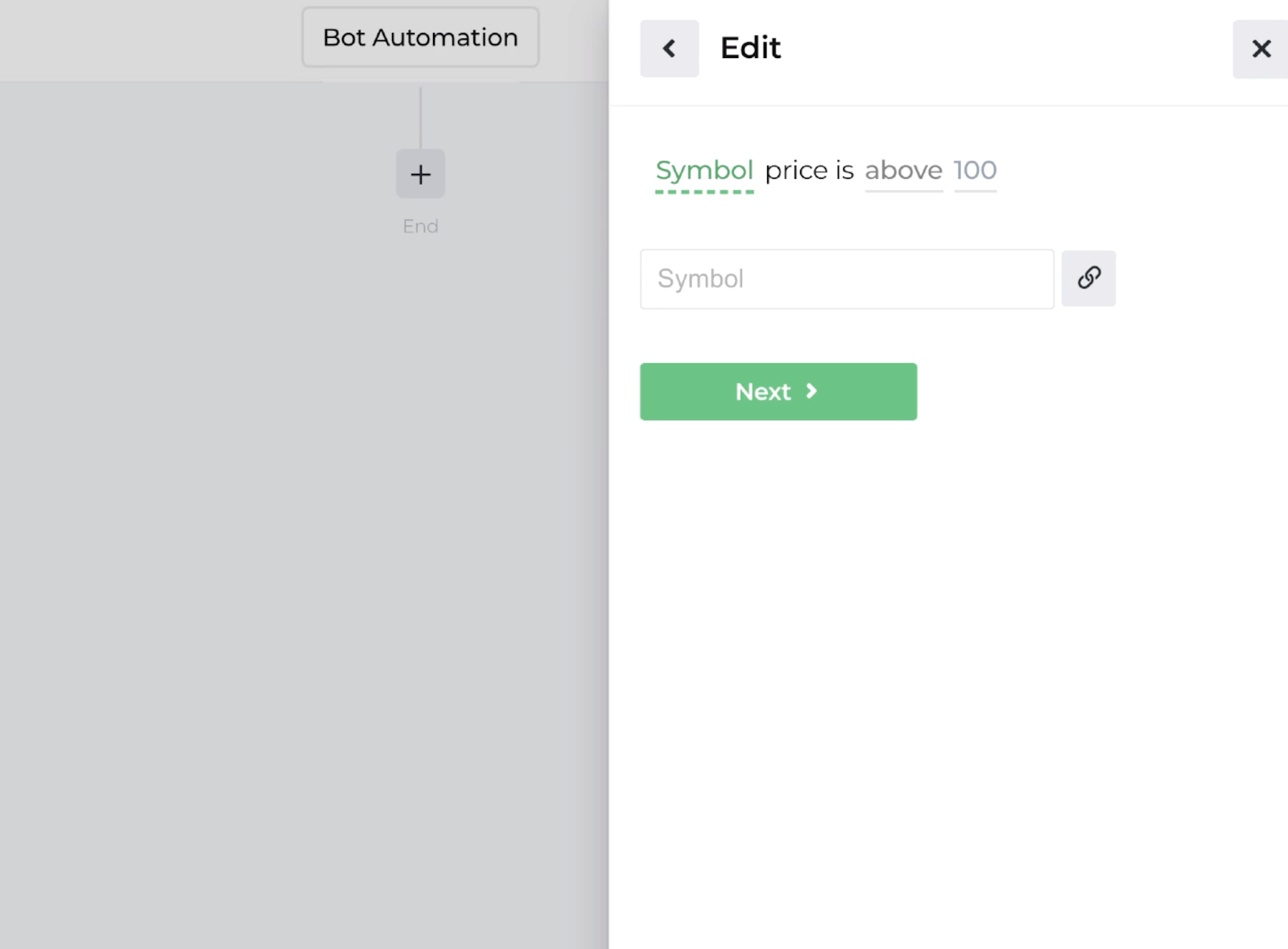 Screenshot of the automation editor with comparing underlying symbol price decision recipe displayed