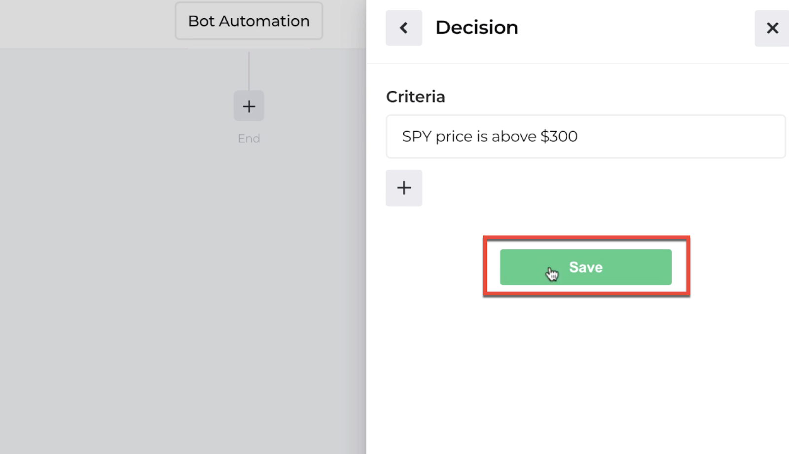 Screenshot highlighting the save button used after completing the decision recipe inputs