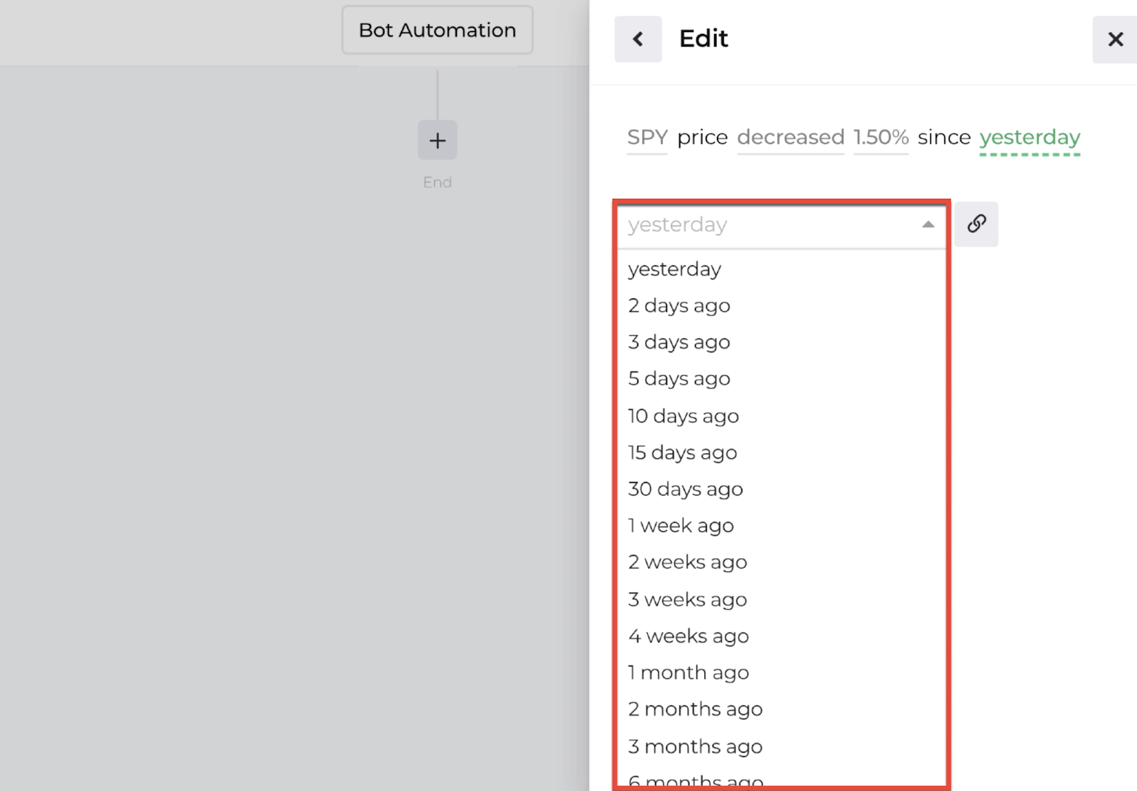 Screenshot displaying the lookback timeperiod variable dropdown menu