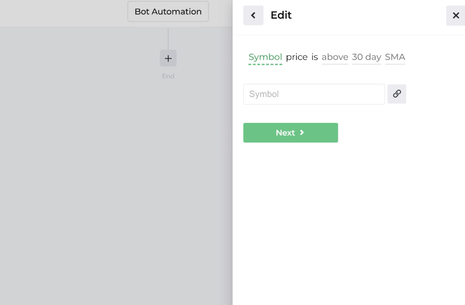 Screenshot displaying the decision recipe for comparing underlying symbol price to an indicator