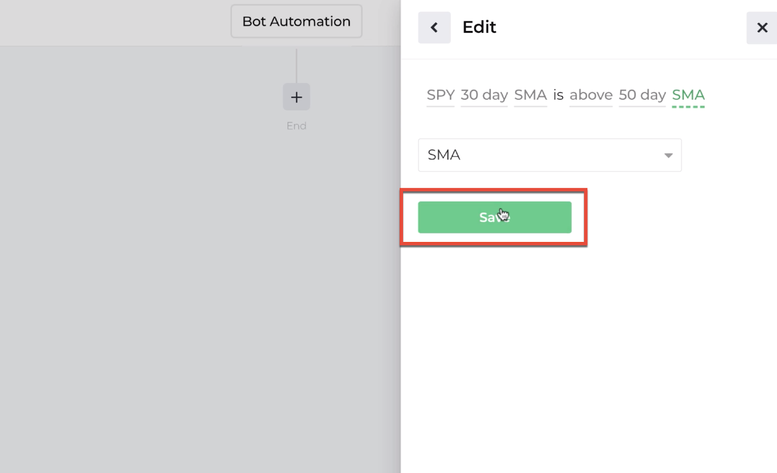 Screenshot highlighting the save button following the decision recipe inputs