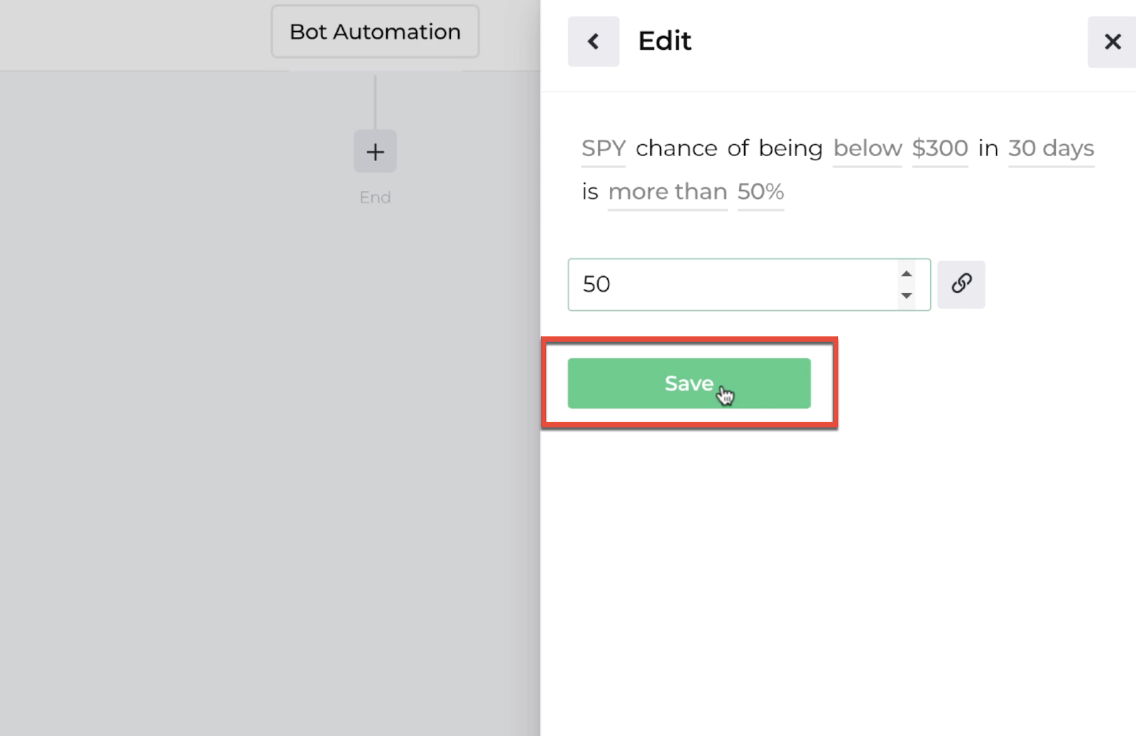 Screenshot highlighting the save button following the decision recipe inputs