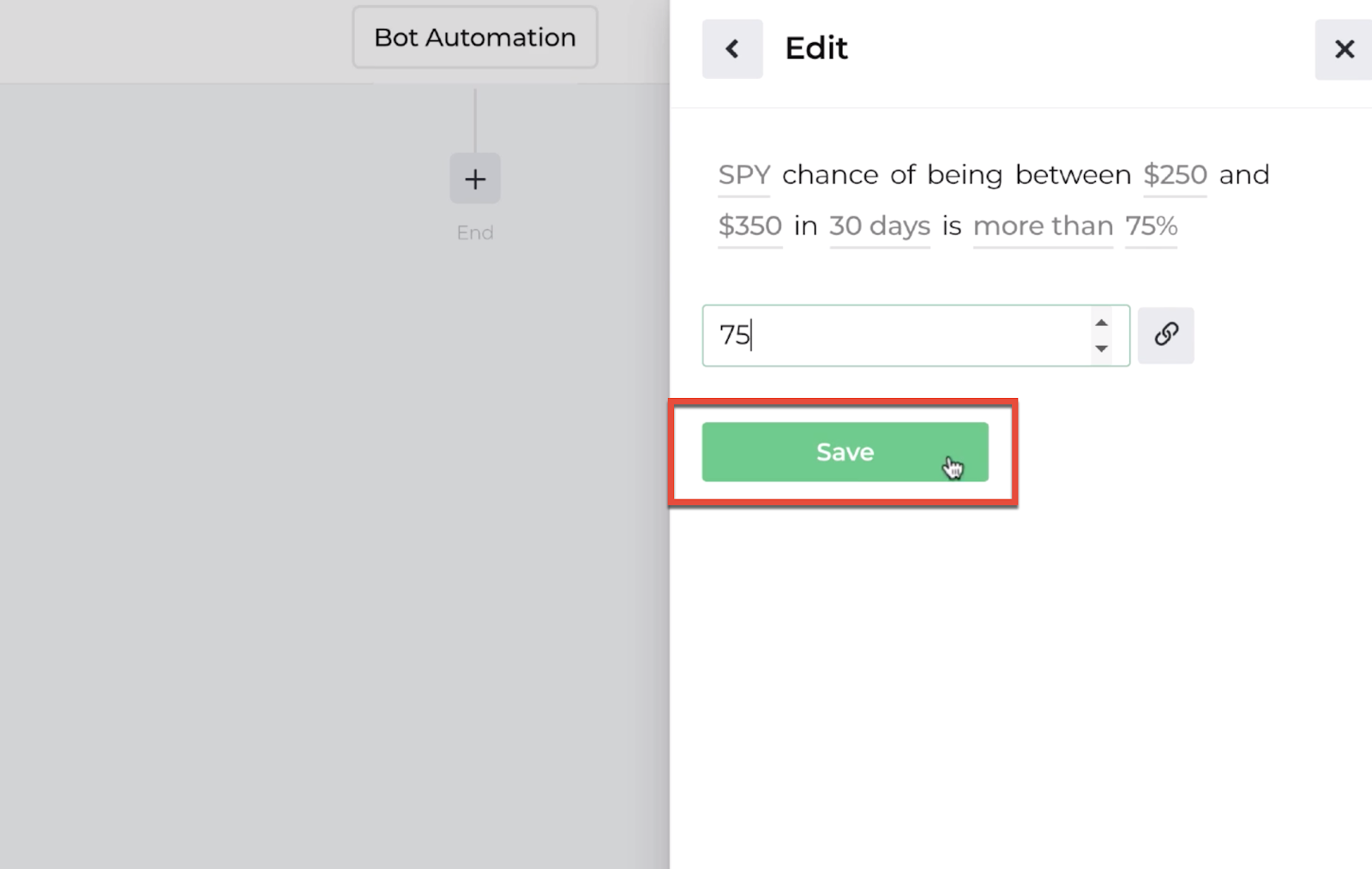 Screenshot highlighting the save button following the decision recipe inputs