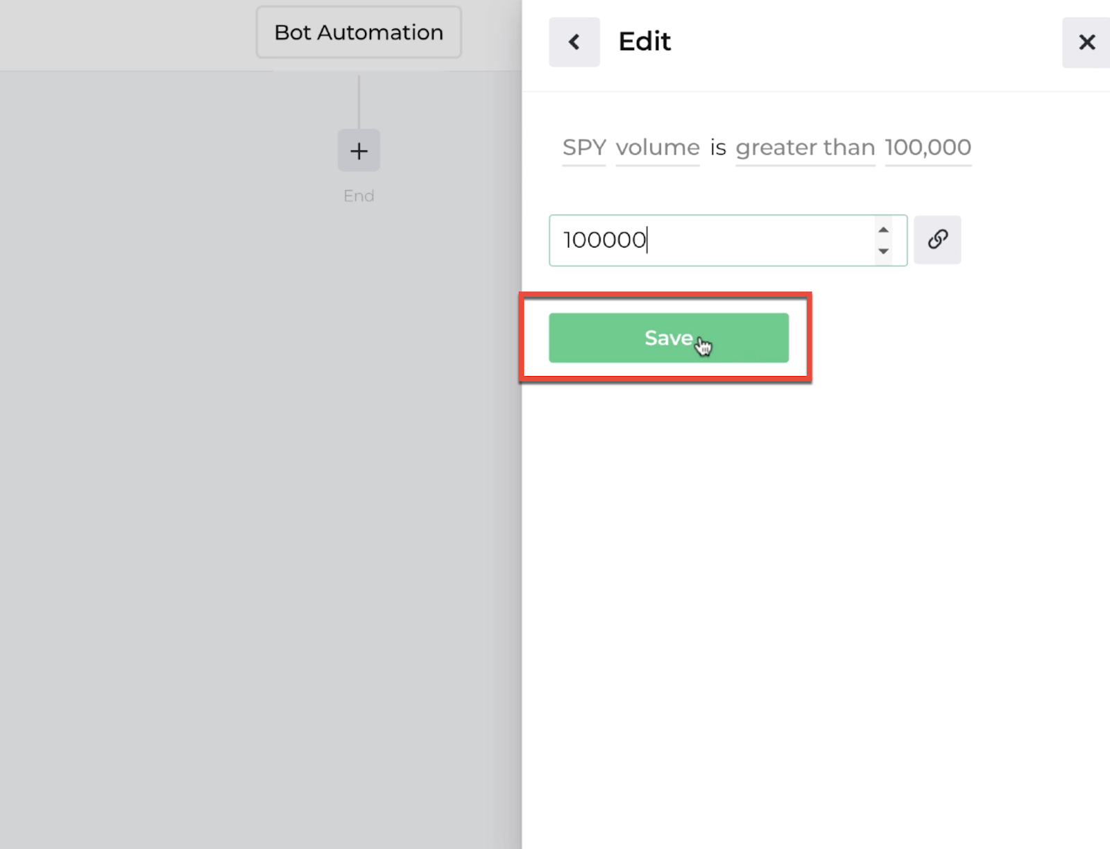 Screenshot highlighting the save button following the decision recipe inputs